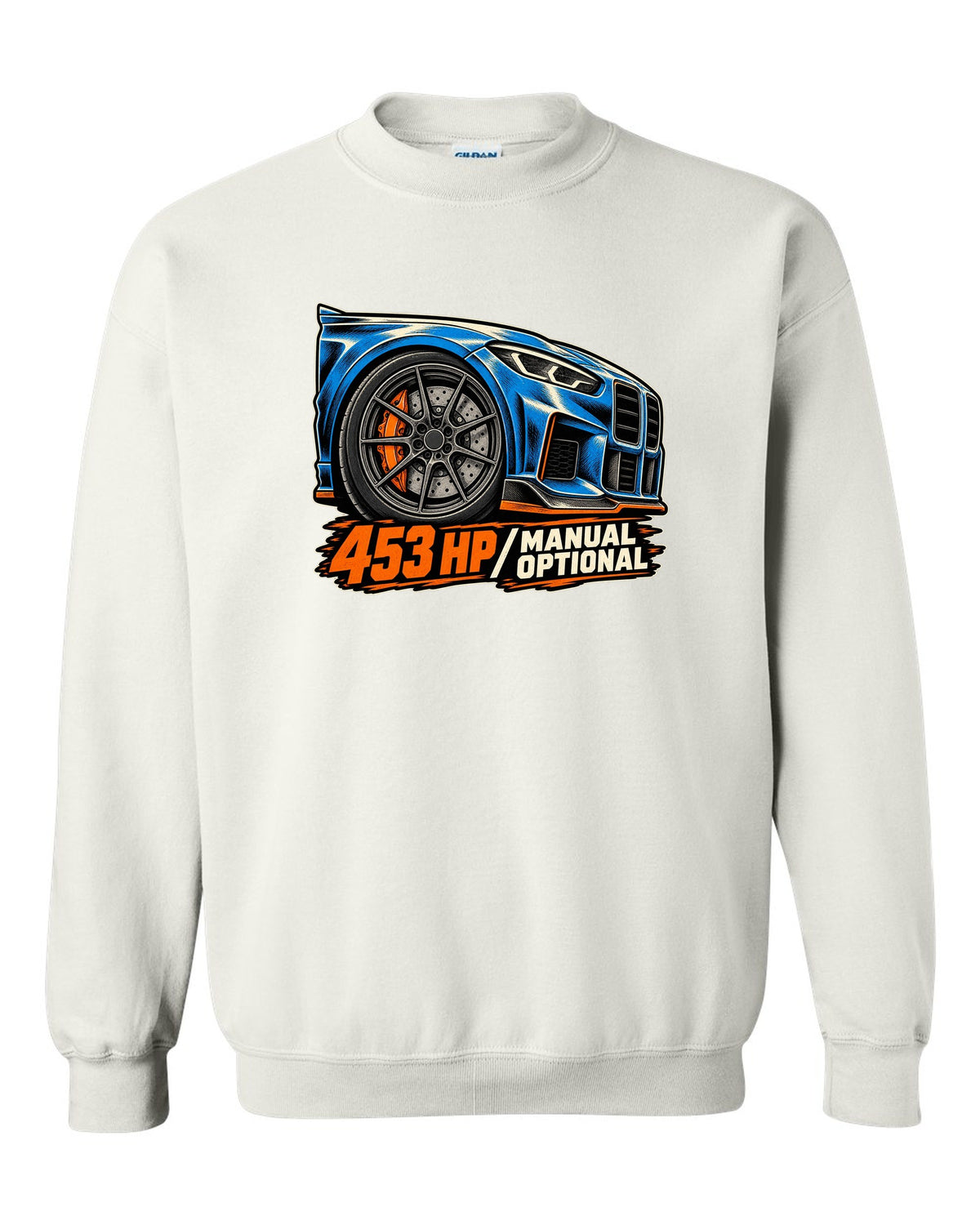 Embroidery-style shield crest print of a BMW M2 F87 with chargepipe fund text white crewneck front view with the design