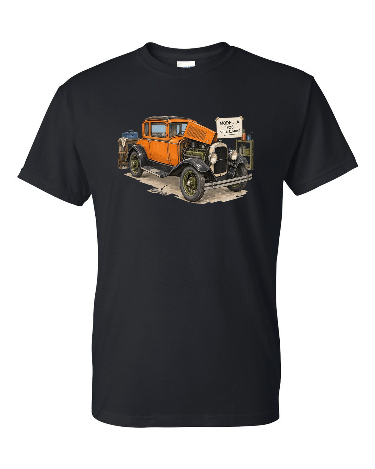 Ink and marker sketch of a 1928 Ford Model A coupe with still running lettering black t-shirt front view with the design