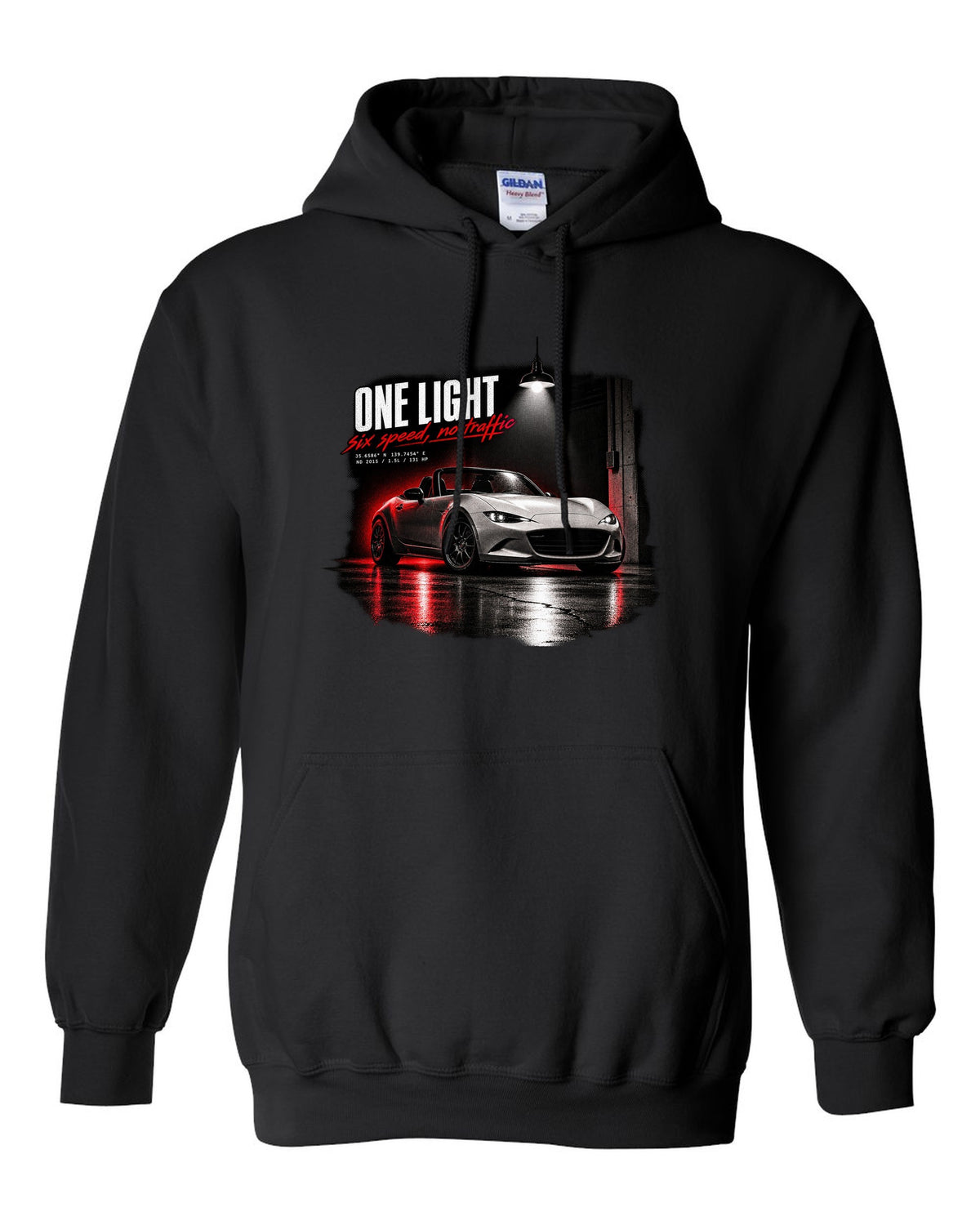 Garage night print for the 2015 Mazda MX-5 ND with 1.5L, 131 HP and six-speed lettering black pull over hoodie front view with the design