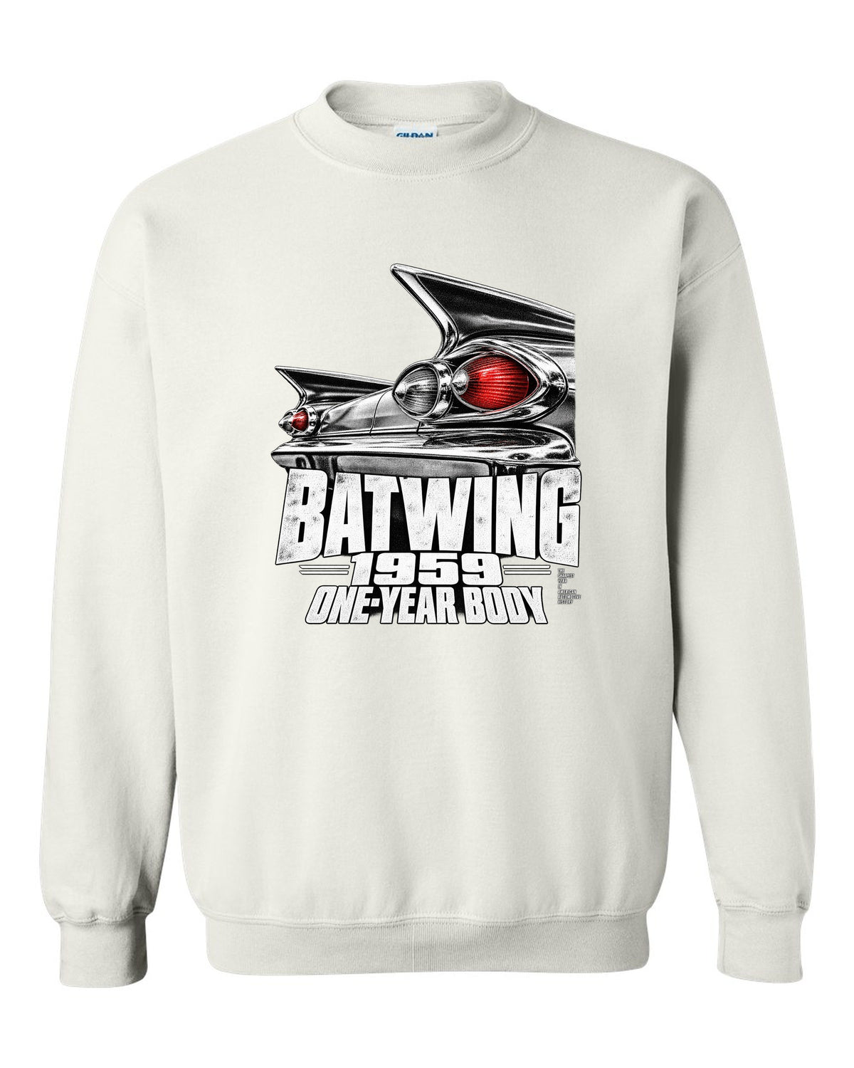 1959 Impala rear batwing taillight macro print with one-year body text white crewneck front view with the design