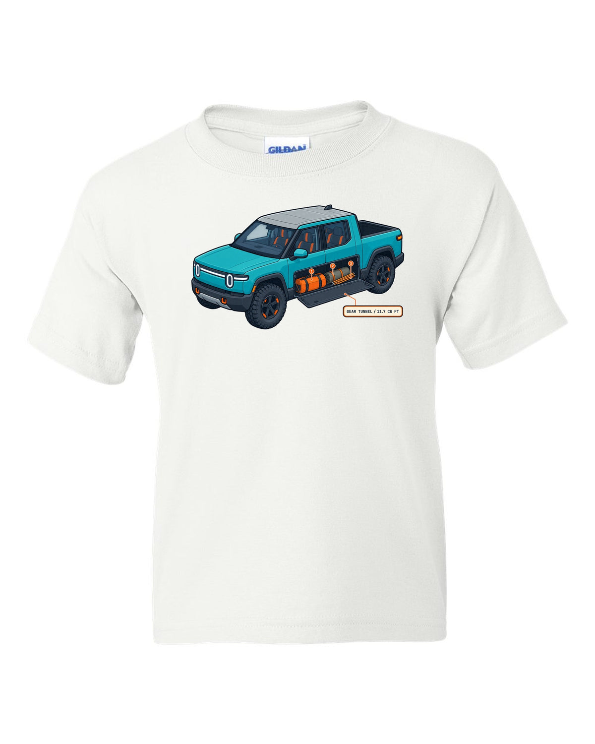 Isometric cutaway technical illustration print of a Rivian R1T reading Gear Tunnel 11.7 Cu Ft white kids tee front view with the design