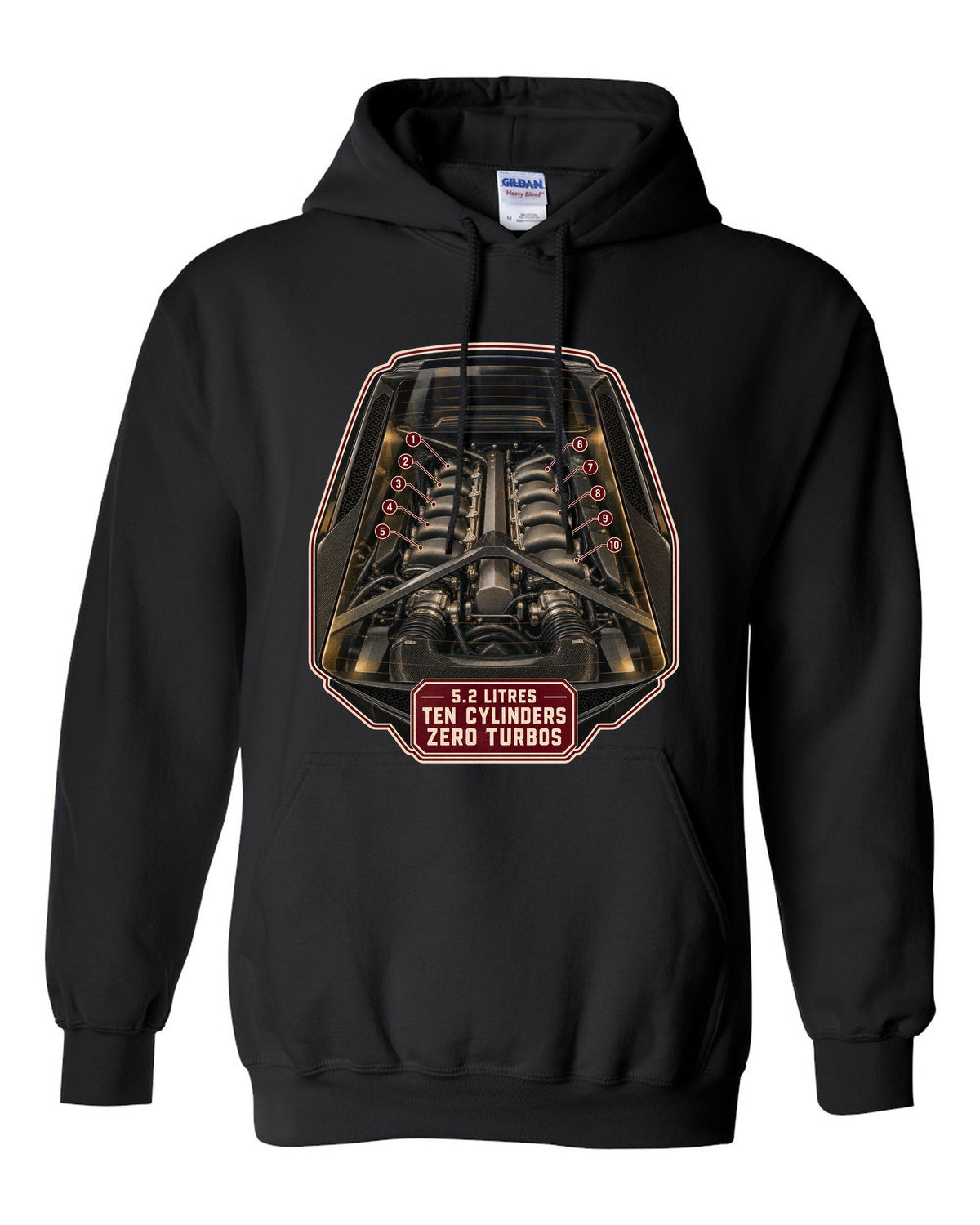 Audi R8 V10 plus Type 4S mid-engine bay hero print design black pull over hoodie front view with the design