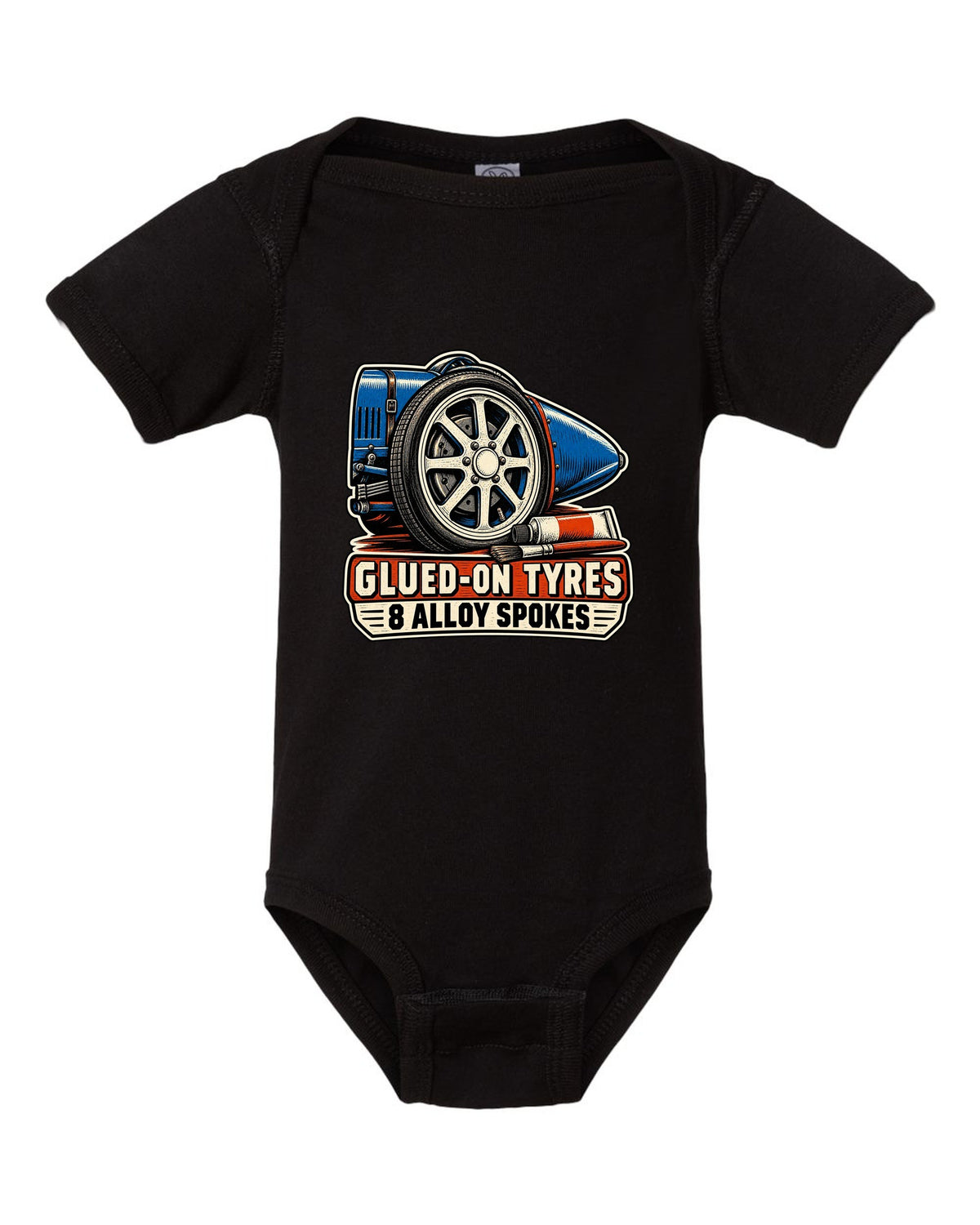 Linocut style print of a Bugatti Type 35 eight-spoke alloy wheel with glued-on tyres lettering black baby onesie front view with the design
