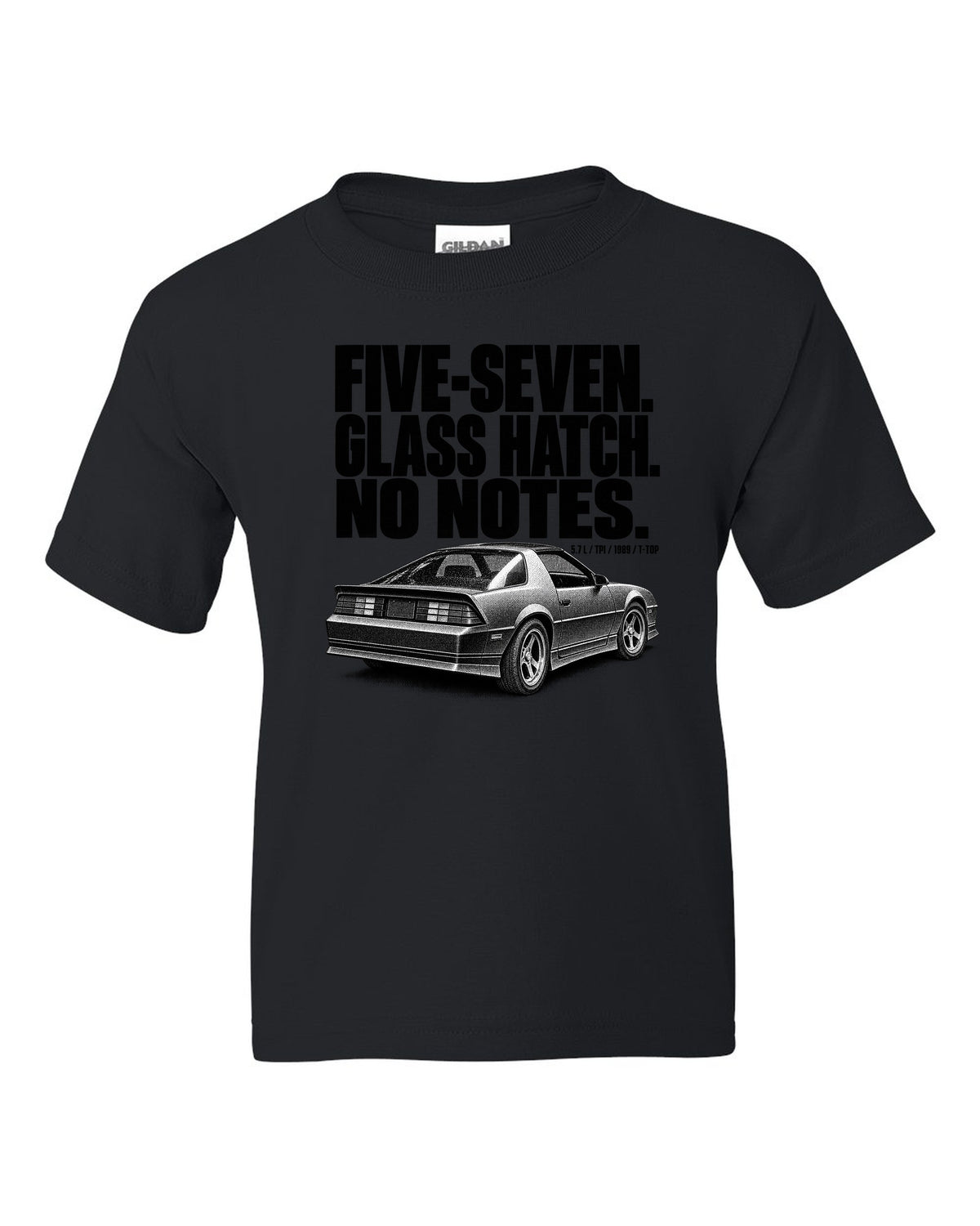 Halftone print of a 1989 Chevrolet Camaro IROC-Z glass ch with five-seven text black kids tee front view with the design