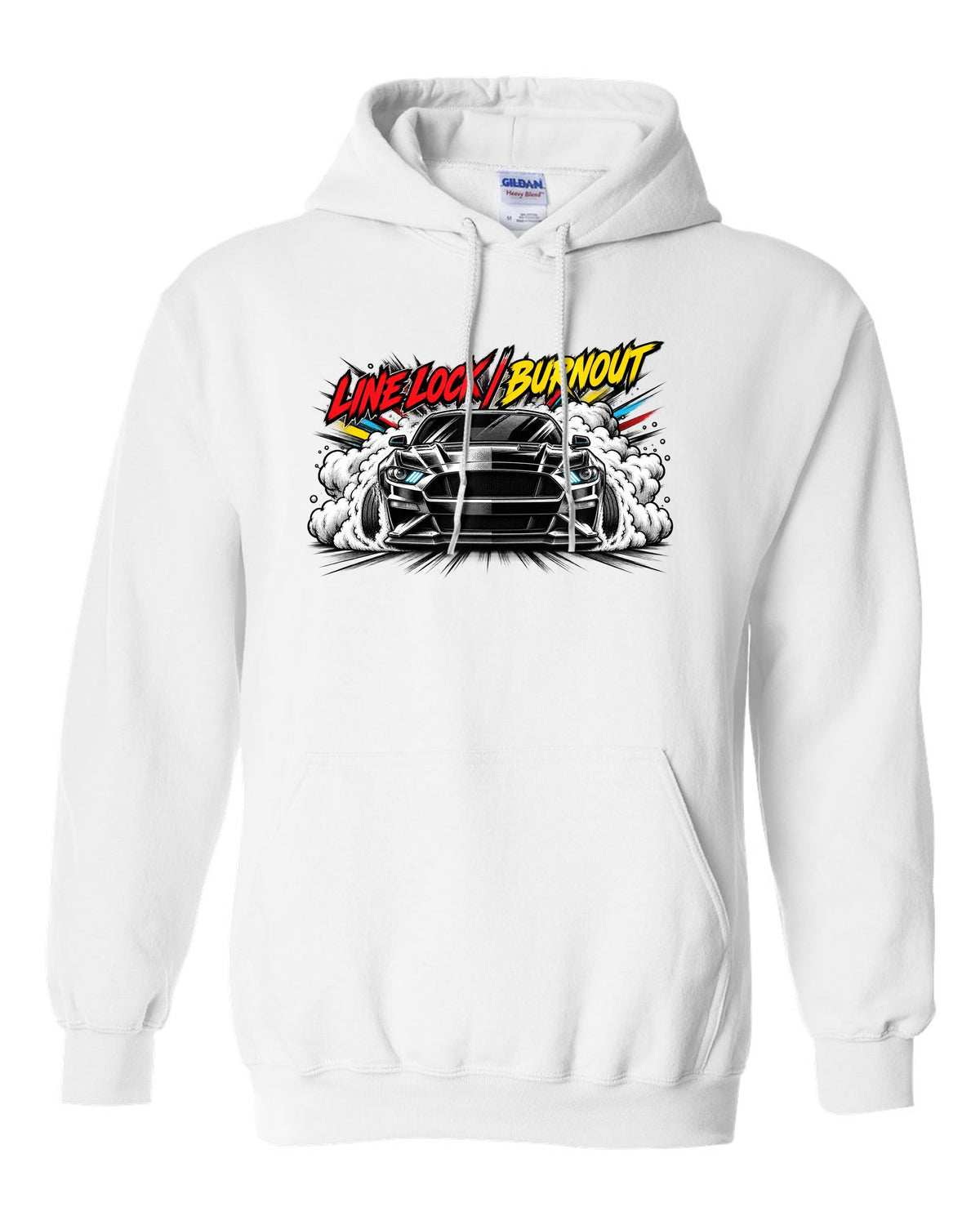 Varsity embroidery-style crest of an S550 Mustang fastback reading Yes, It's A Four white pull over hoodie front view with the design