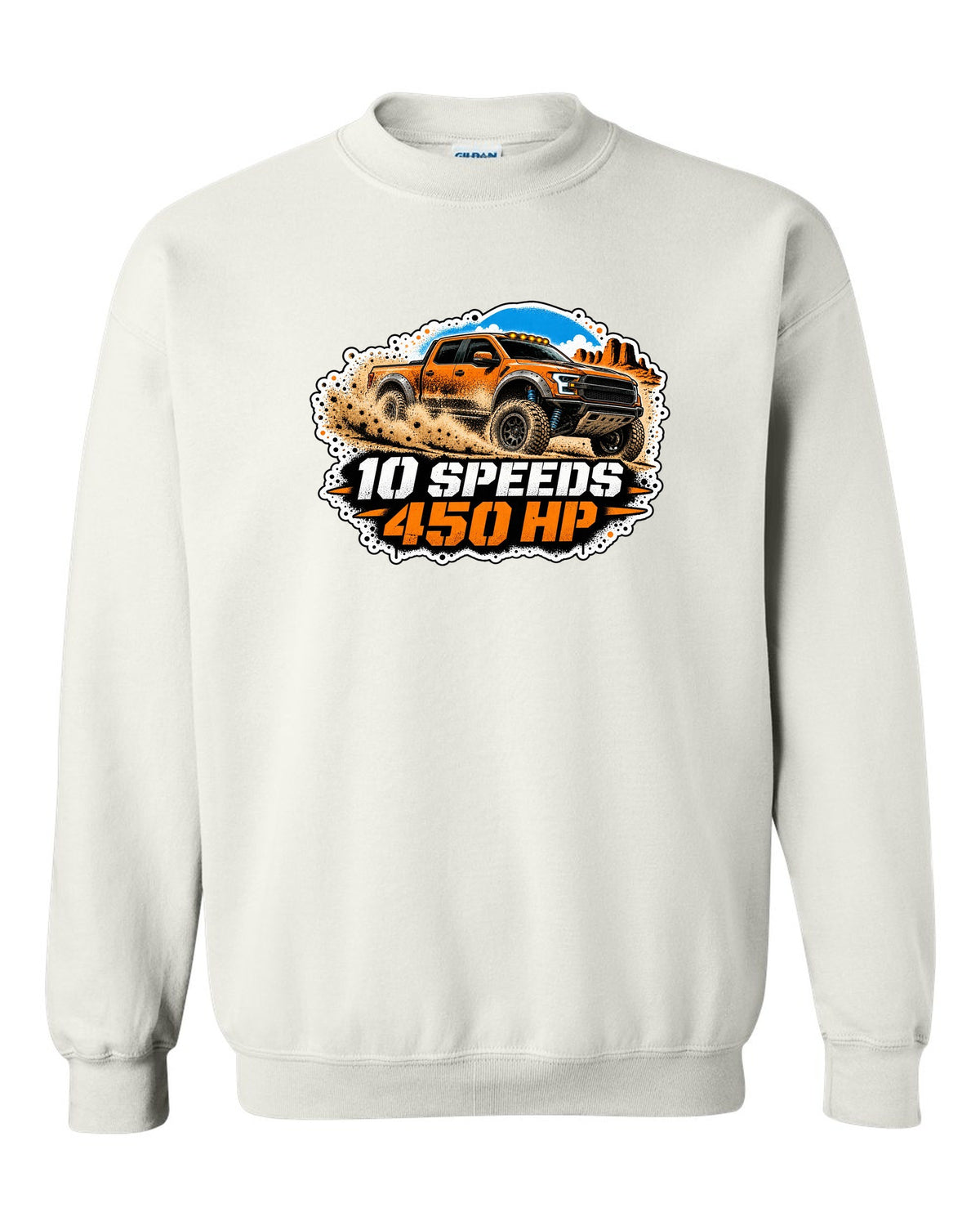 Spray stencil street art print of a 2017-20 Ford F-150 Raptor Gen 2 P552 in desert dust white crewneck front view with the design