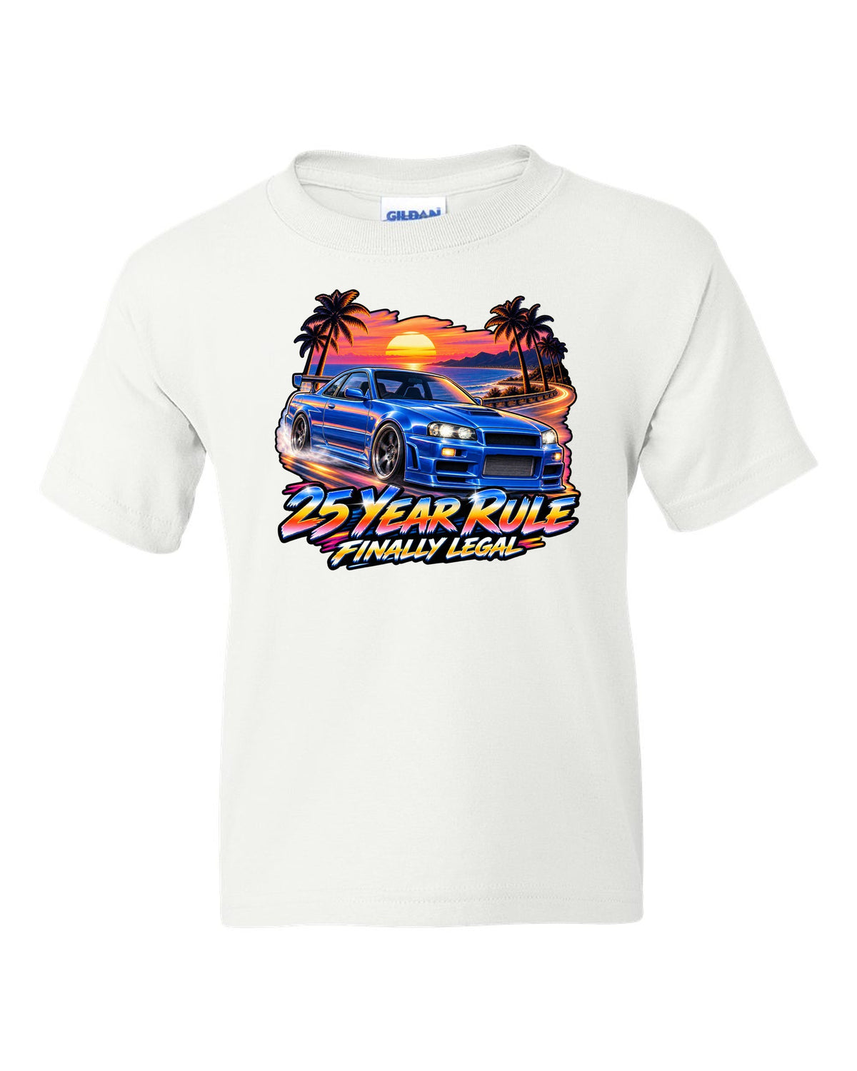 Retro airbrush sunset poster print of a Nissan Skyline GT-R R34 BNR34 with 25 year rule text white kids tee front view with the design
