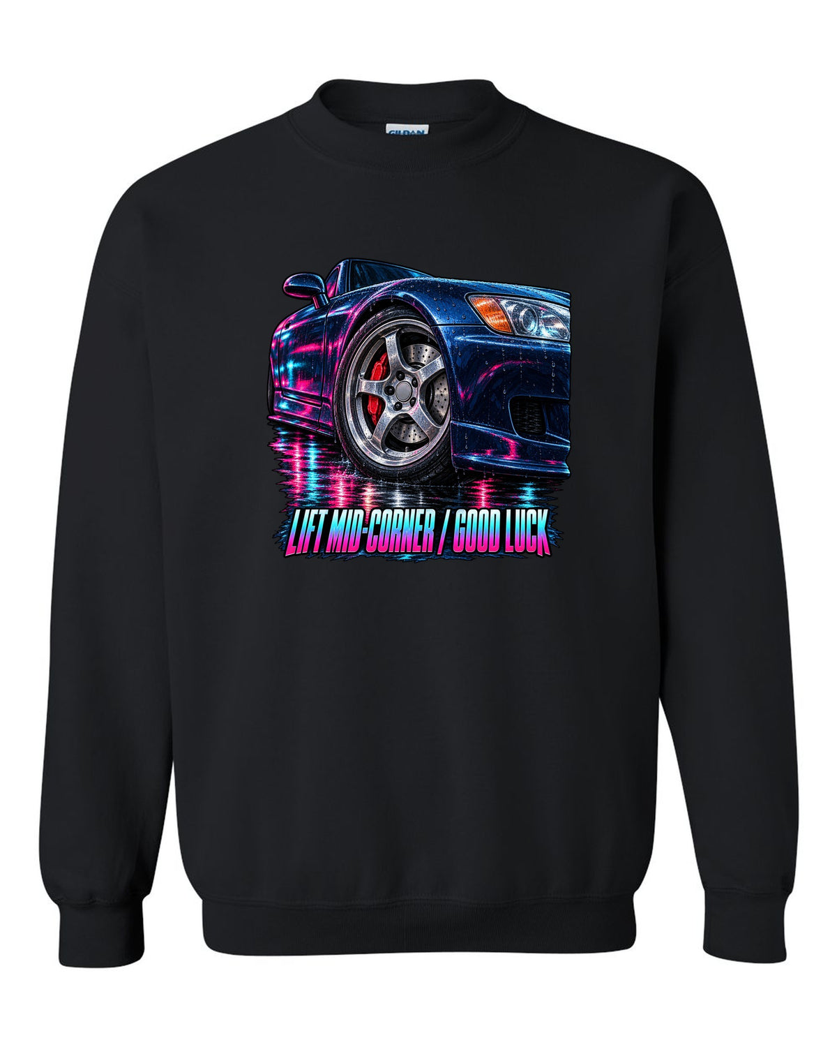 Cinematic macro painting print of a Honda S2000 AP1 cornering with lift mid-corner good luck text black crewneck front view with the design