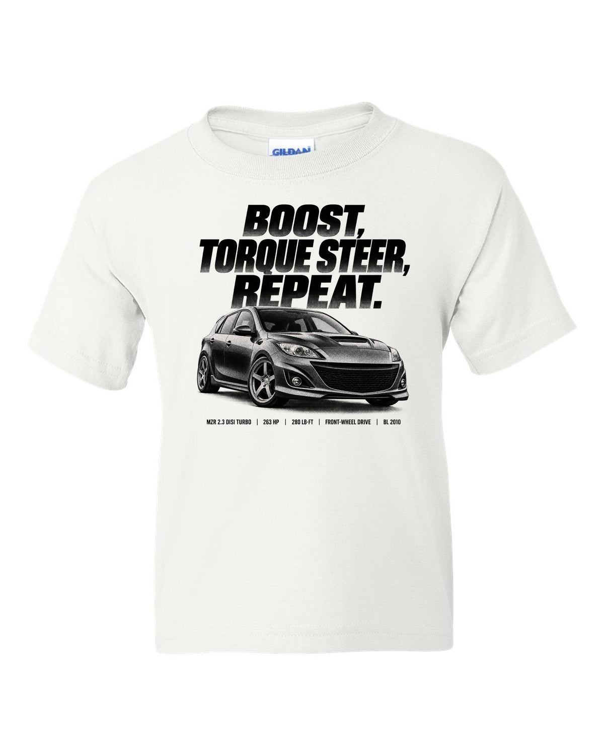 Halftone print for the 2010 Mazdaspeed3 BL reading boost, torque steer, repeat with MZR 2.3 DISI specs white kids tee front view with the design