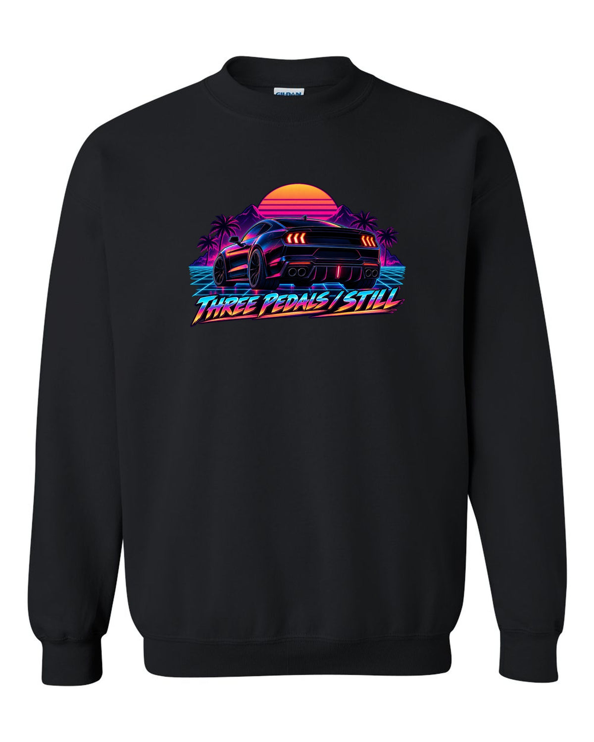 Synthwave outrun 2024 S650 Ford Mustang coupe with Three pedals still text black crewneck front view with the design