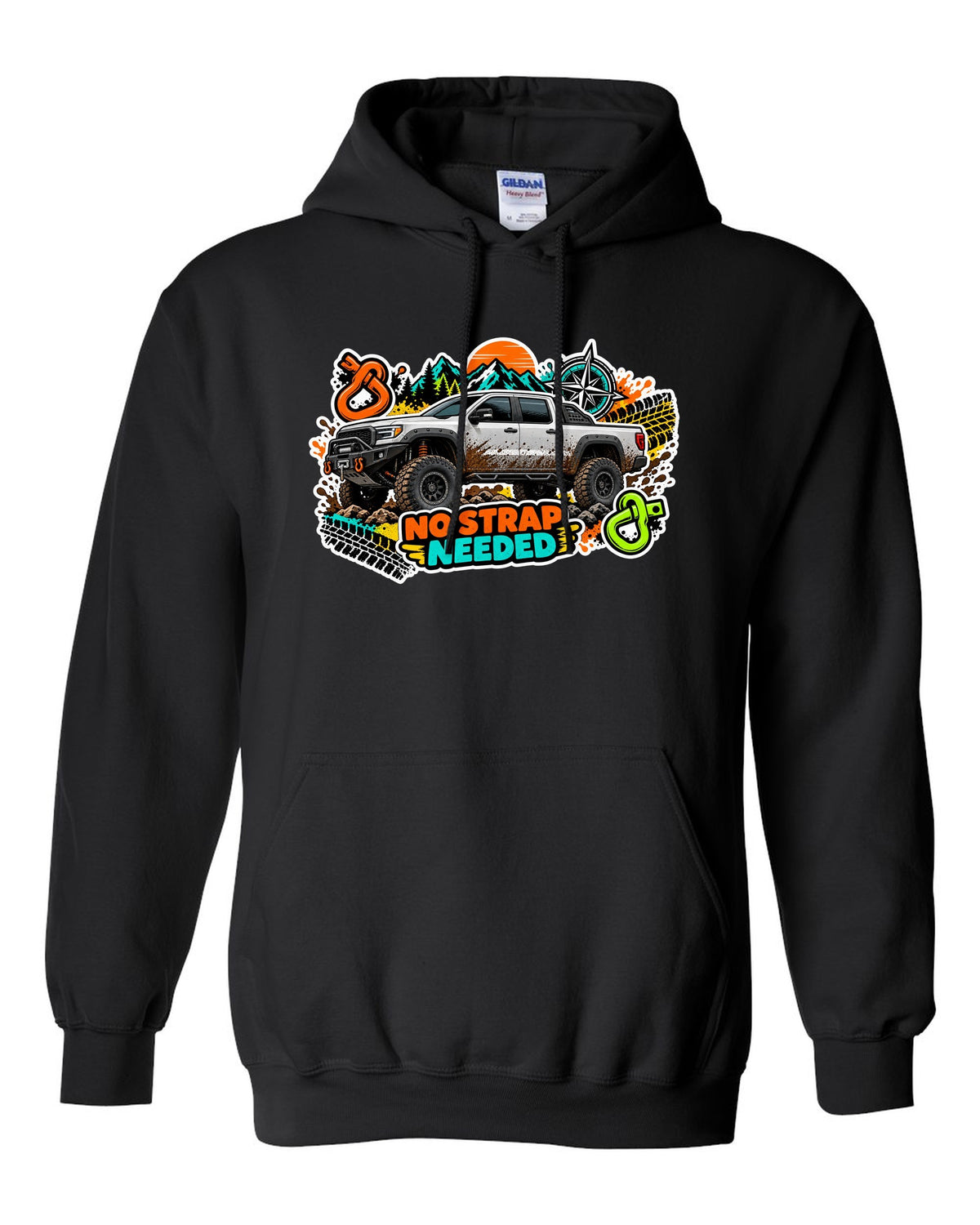 Sticker bomb collage print of a Ram Power Wagon 2500 4x4 with No Strap Needed text black pull over hoodie front view with the design