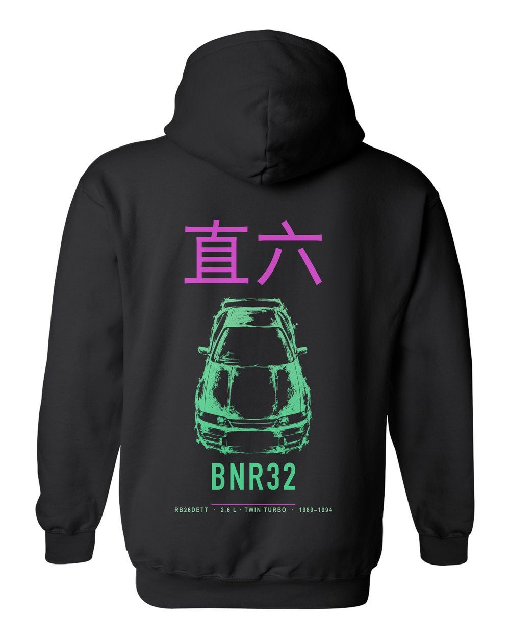 BNR32 full-back artwork black pull over hoodie back view with the design