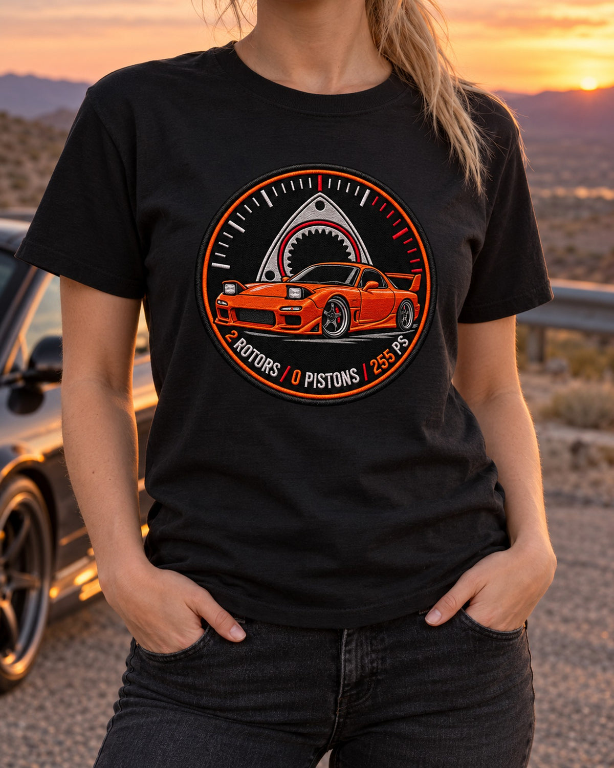 Mazda RX-7 FD3S Two Rotors Round Crest Shirt, Rotary Gift T-Shirt Black worn hero