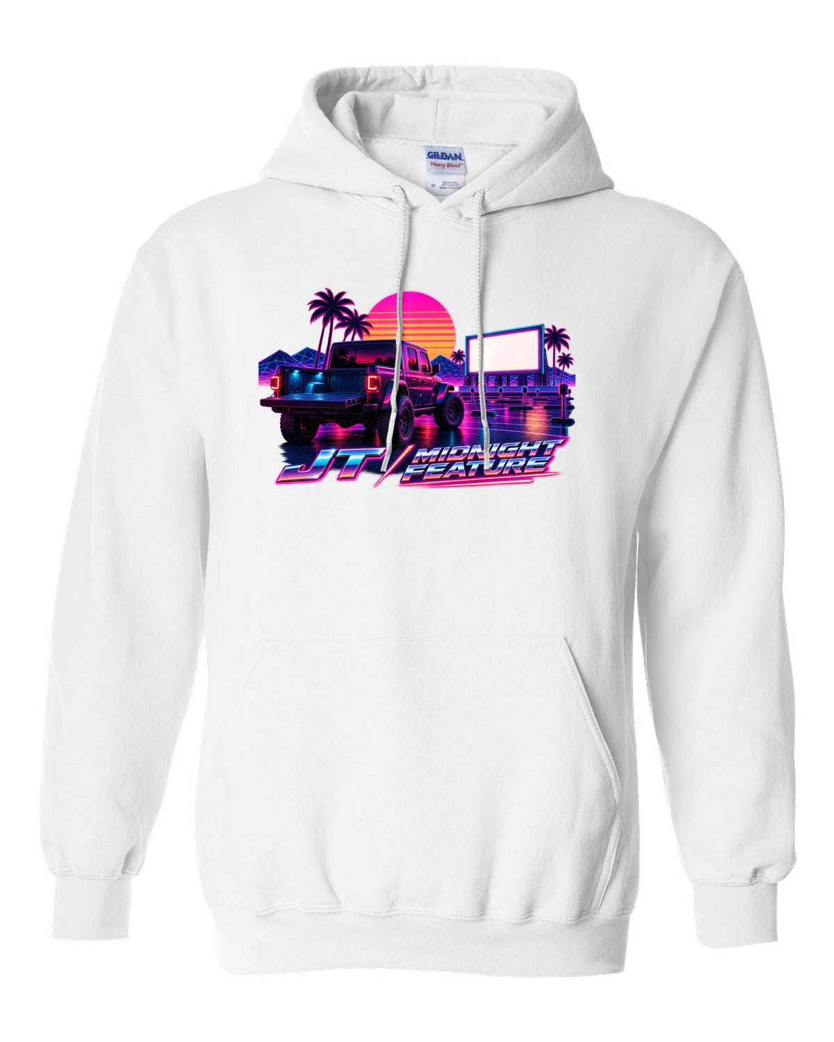 Jeep Gladiator JT synthwave outrun neon grid horizon with JT midnight feature text white pull over hoodie front view with the design