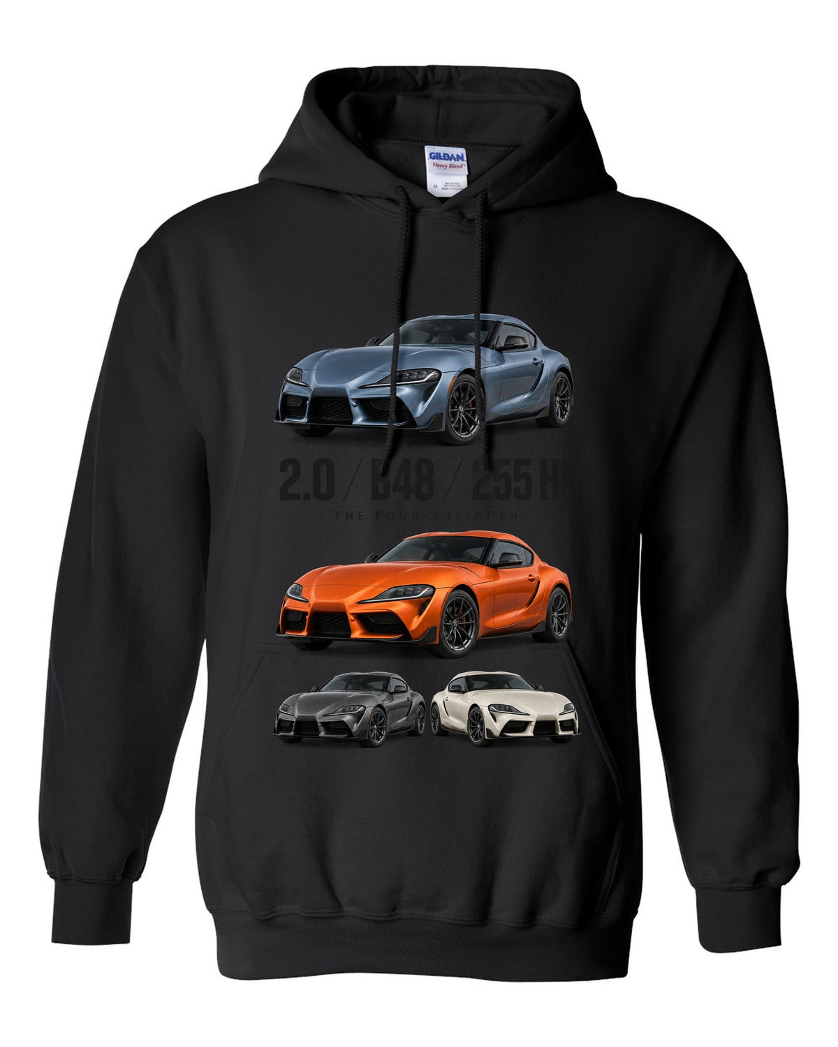 Steel blue Toyota GR Supra 2.0 spec poster with B48 and 255 HP text black pull over hoodie front view with the design