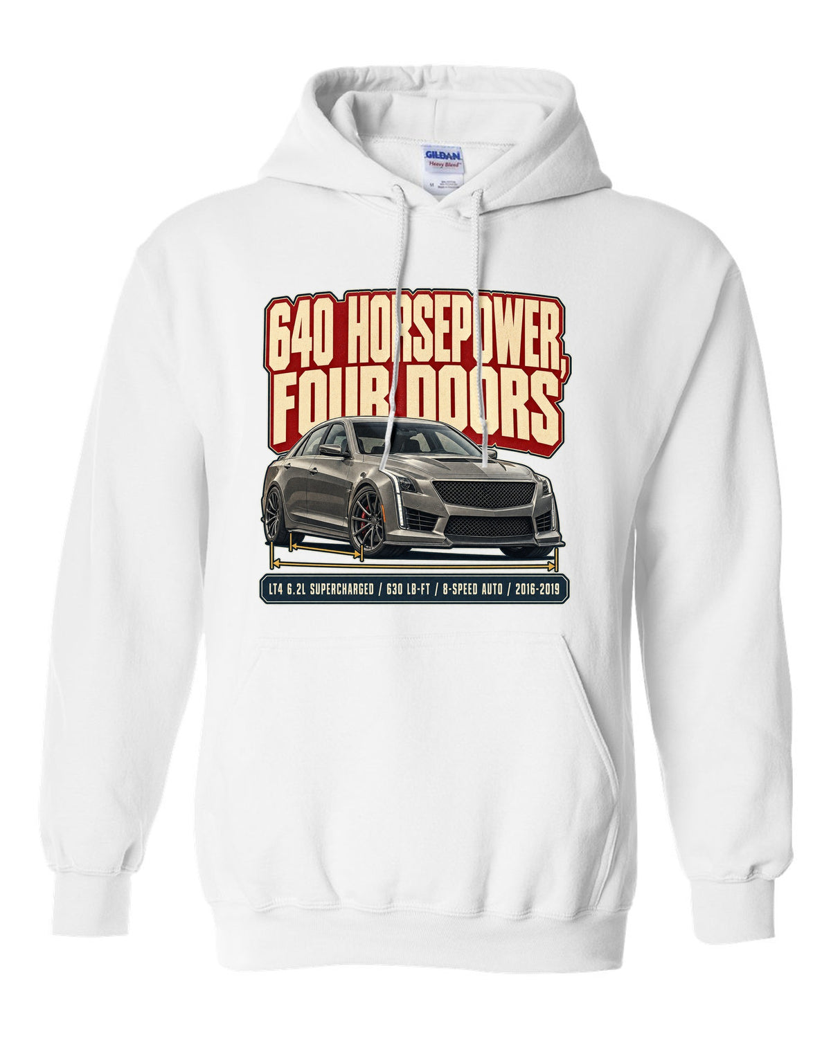 Editorial headline print for a 2016-19 third generation Cadillac CTS-V white pull over hoodie front view with the design