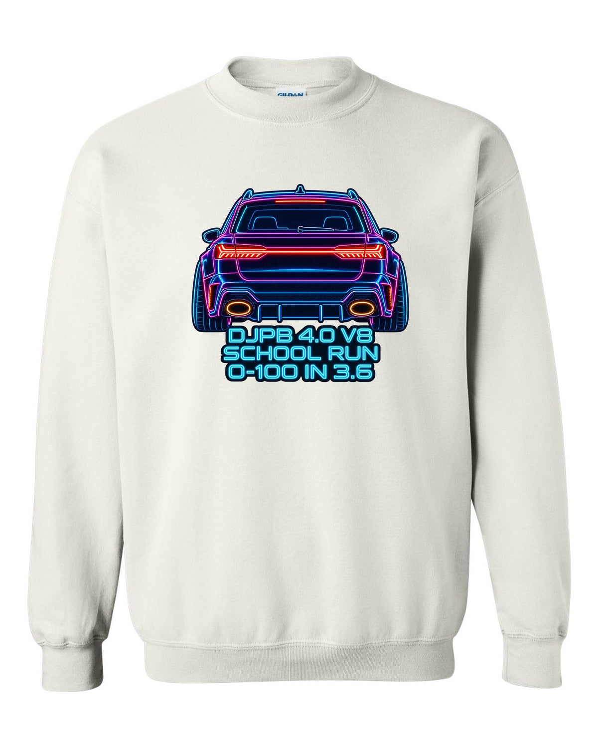Neon sign line art design of the Audi RS6 Avant C8 with school run and 0-100 in 3.6 lettering white crewneck front view with the design