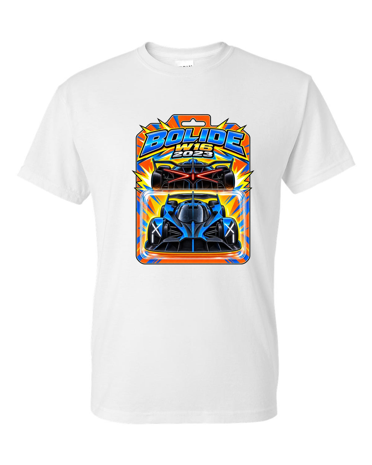 Hot Wheels-style toy blister card illustration of the Bugatti Bolide with BOLIDE W16 2023 lettering white t-shirt front view with the design