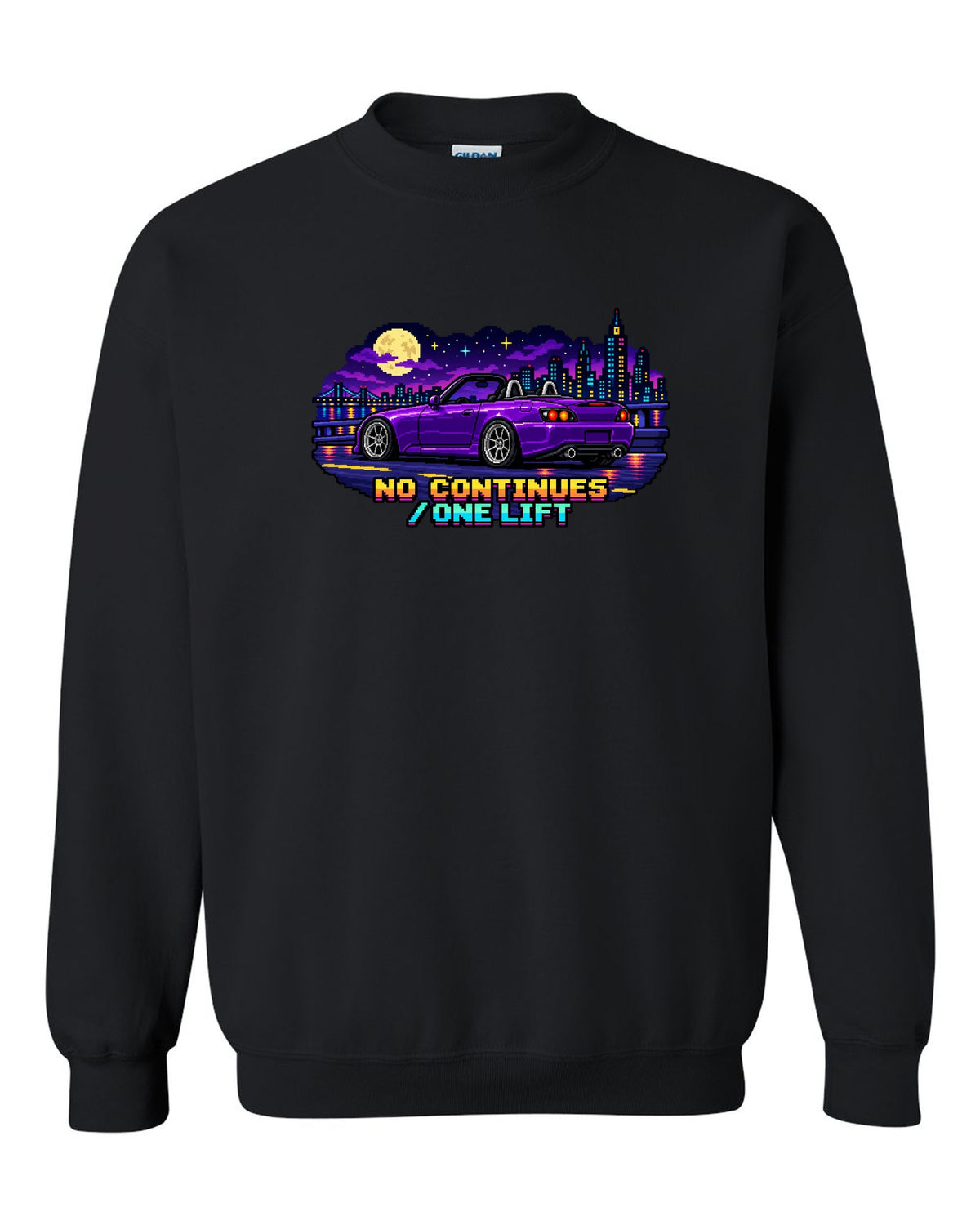 16-bit pixel art Honda S2000 AP2 roadster print with no continues one lift text black crewneck front view with the design