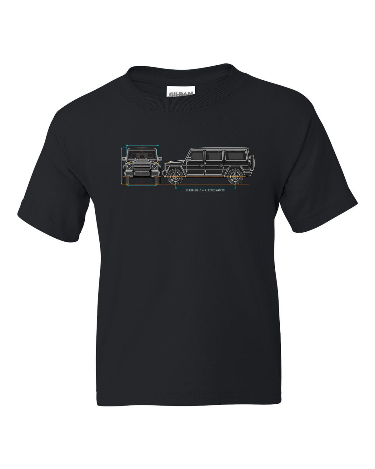 Neon outline graphic of a Mercedes SLS AMG C197 with gullwing doors open, print black kids tee front view with the design