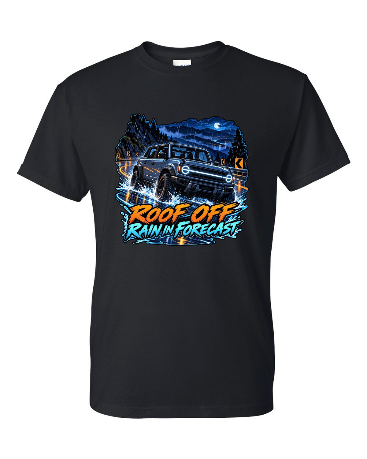 Cel-shaded anime night garage print of a 2021 Ford Bronco 4-door 6G with roof off black t-shirt front view with the design