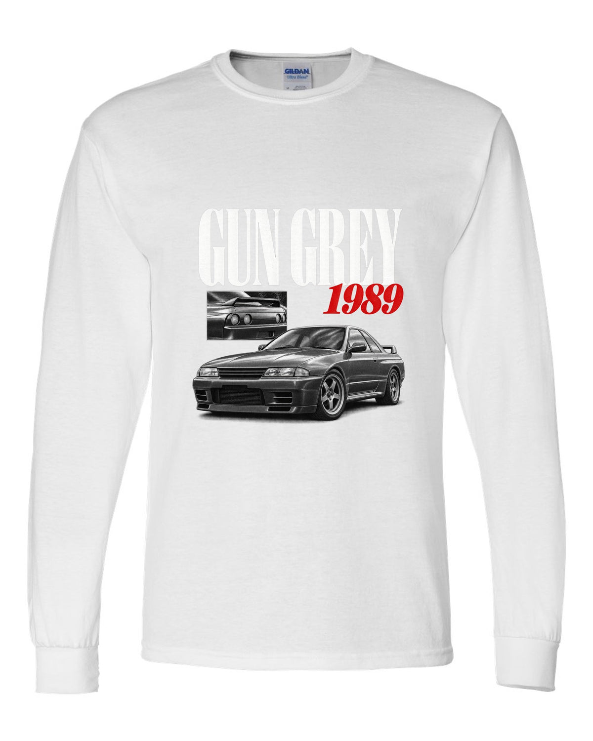 Editorial headline print of a Nissan Skyline GT-R R32 BNR32 in Gun Grey with 1989 text white long sleeve front view with the design