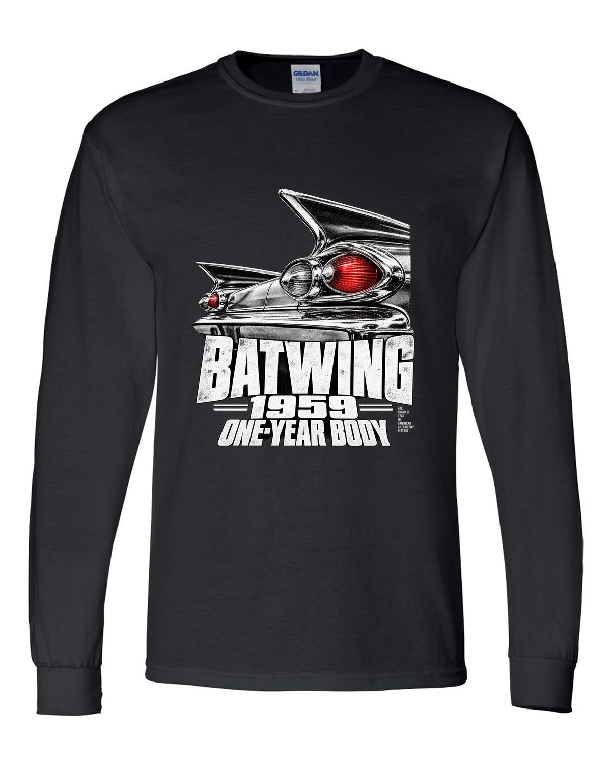 1959 Impala rear batwing taillight macro print with one-year body text black long sleeve front view with the design