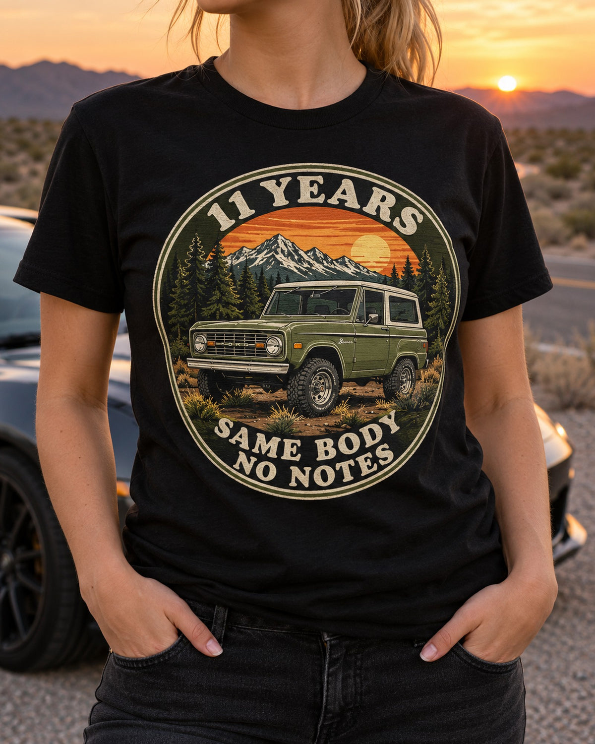 Ford Bronco U15 Wagon 1966-77 Crest print Tee T-Shirt Black worn hero