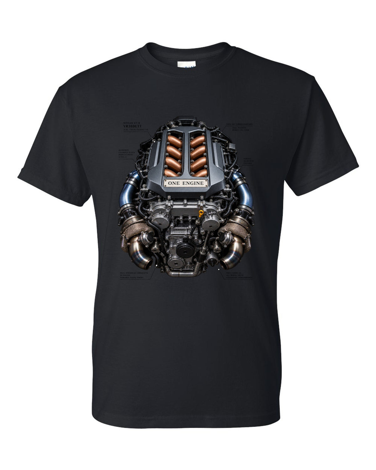 Nissan GT-R VR38DETT twin-turbo V6 engine bay illustration, print design black t-shirt front view with the design