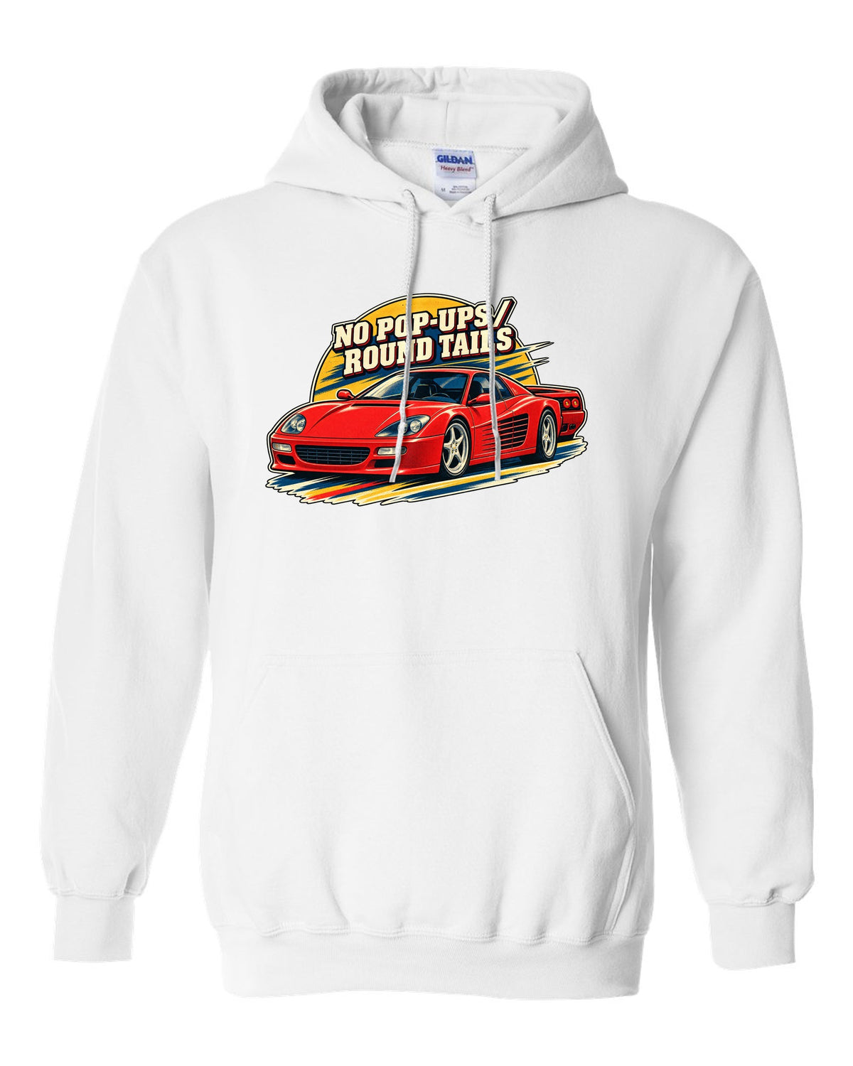Retro race programme illustration print of the Ferrari F512 M with the text no pop-ups, round tails white pull over hoodie front view with the design