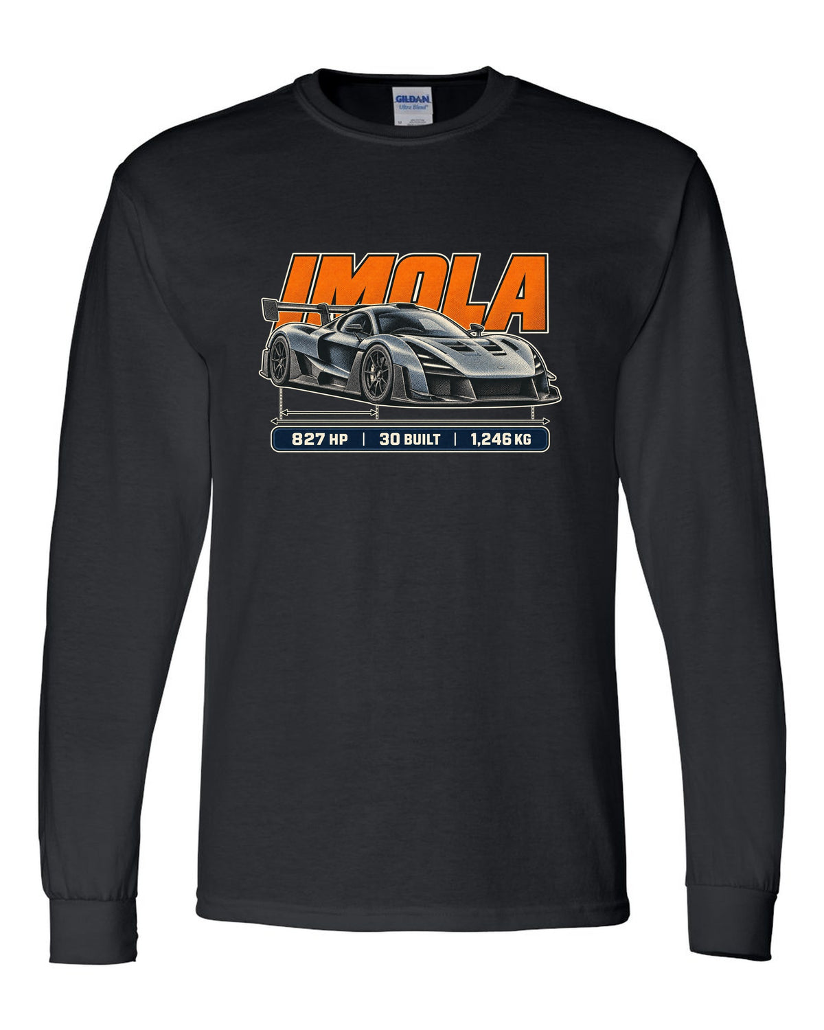 Halftone print of the Pagani Huayra Imola with the text Imola, 827 hp, 30 built, 1,246 kg black long sleeve front view with the design