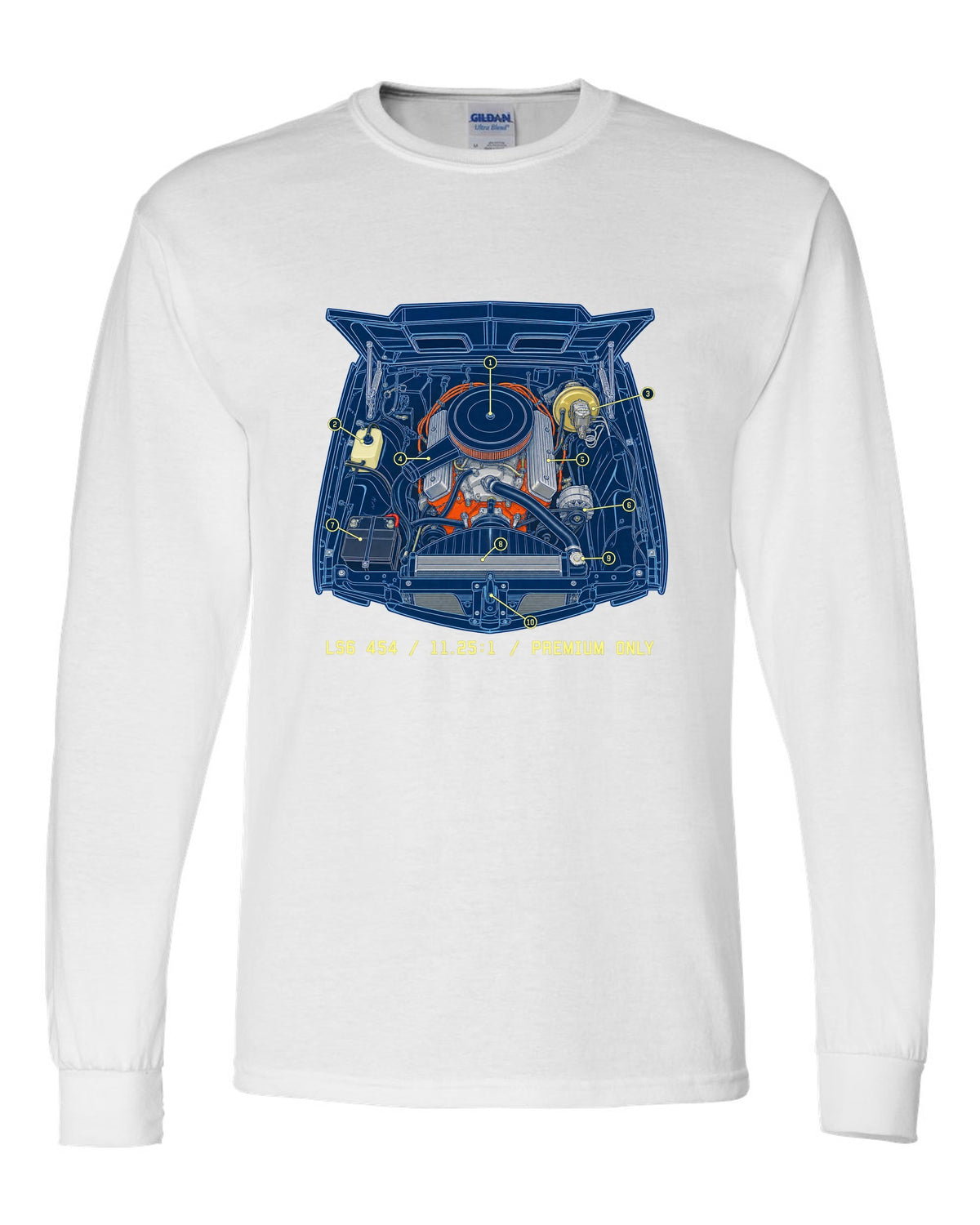 Blueprint line art print of a 1970 Chevelle SS 454 engine bay with the text LS6 454, 11.25:1, Premium Only white long sleeve front view with the design