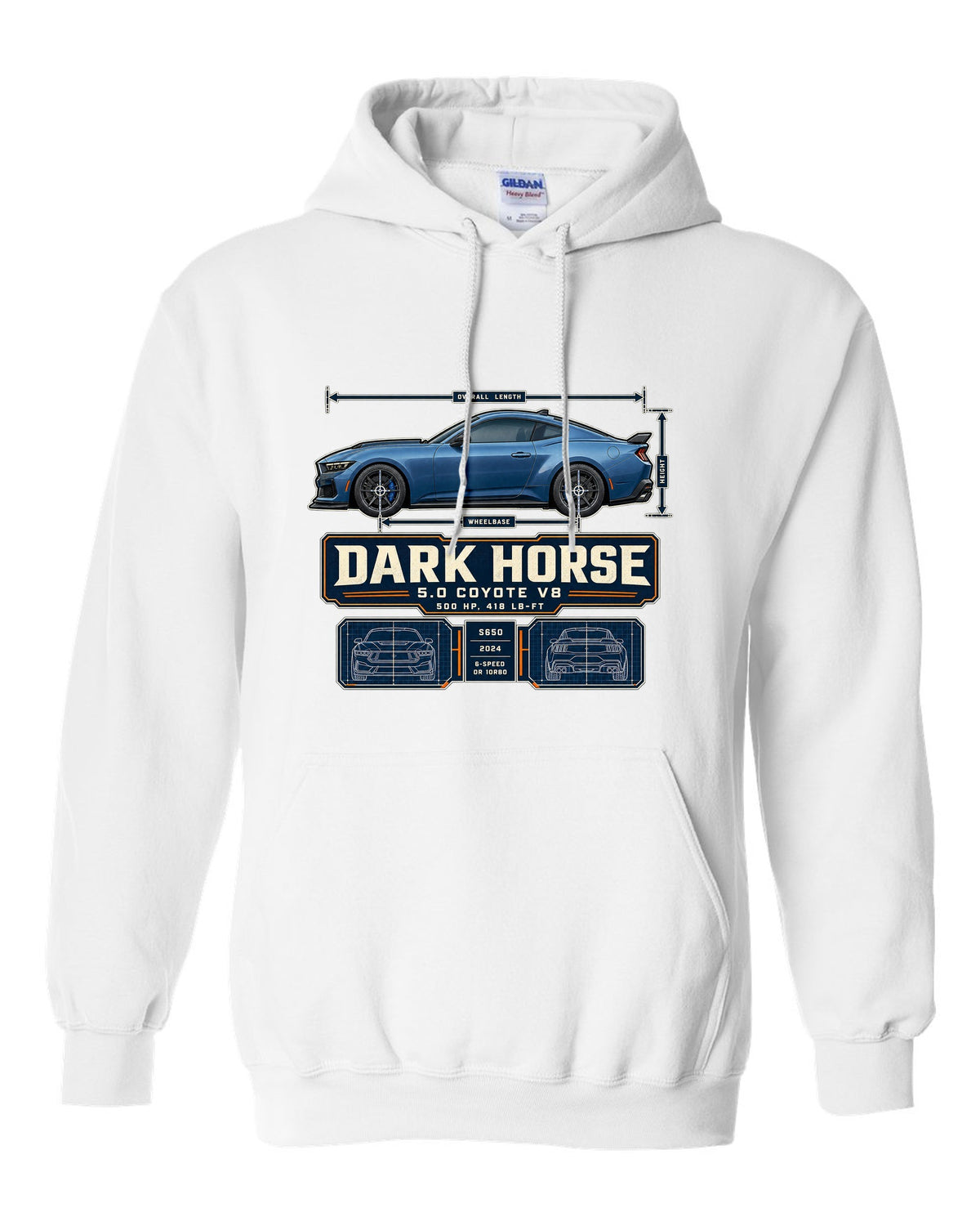 print of a Ford Mustang S650 Dark Horse dimension blueprint with 5.0 Coyote V8 and 500 HP text white pull over hoodie front view with the design