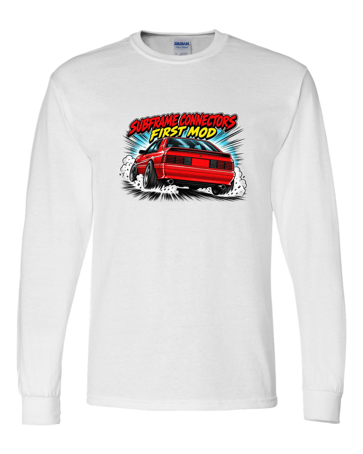 Retro manga halftone panel print of a 1991 Ford Mustang Fox Body GT chback white long sleeve front view with the design