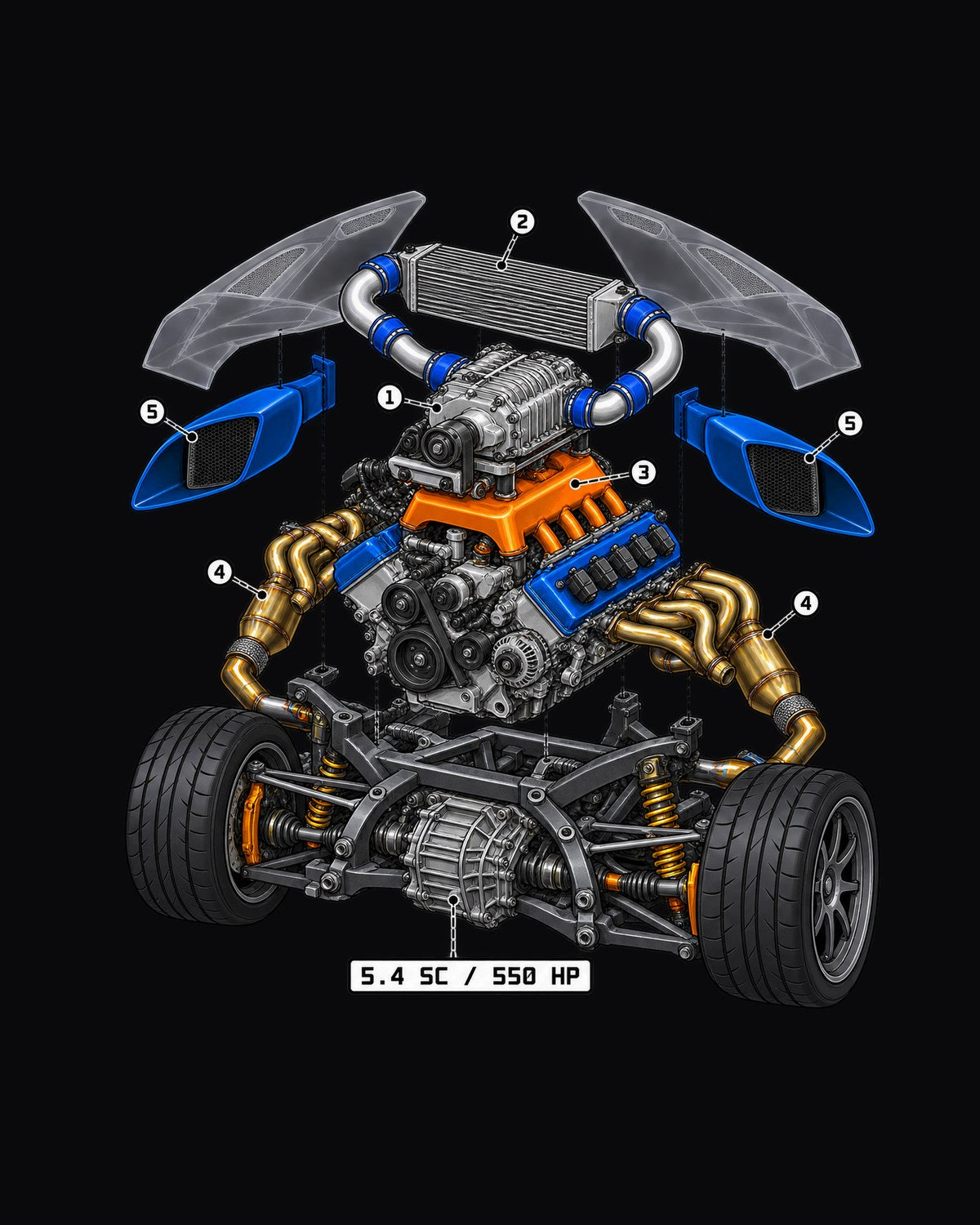Ford GT 2005-2006 Blown V8 Exploded Isometric Engine Tee design only