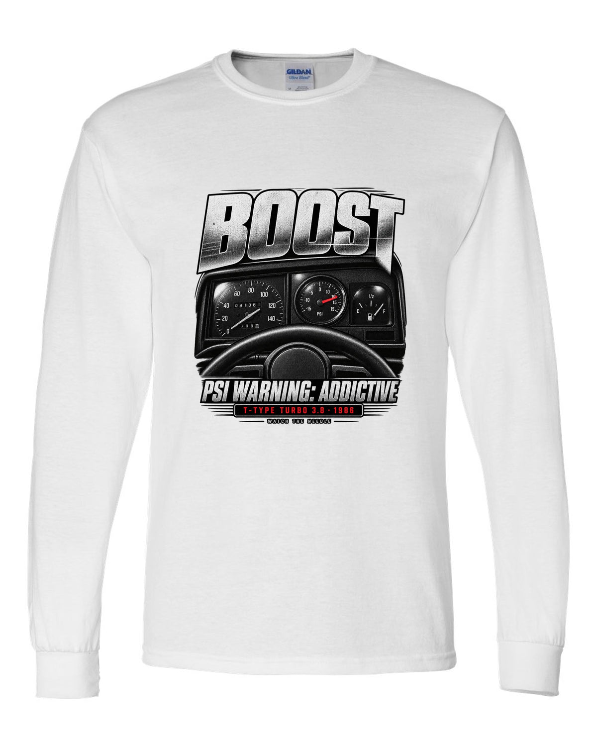 1986 Buick Grand National boost gauge cockpit print with T-Type turbo text white long sleeve front view with the design