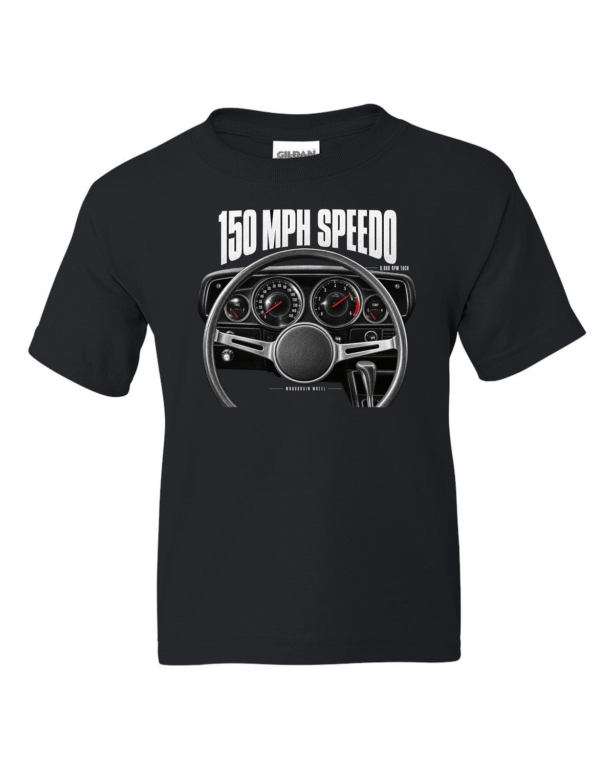 Cockpit gauge print of a 1970 Dodge Challenger R/T with speedometer, tach and woodgrain wheel black kids tee front view with the design