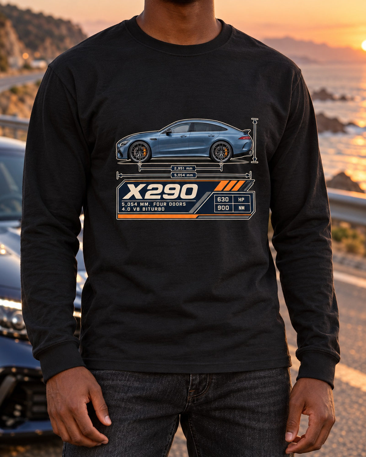 AMG GT 63 S 4-Door X290 Dimension Blueprint Tee, Steel Blue Long Sleeve Black worn hero