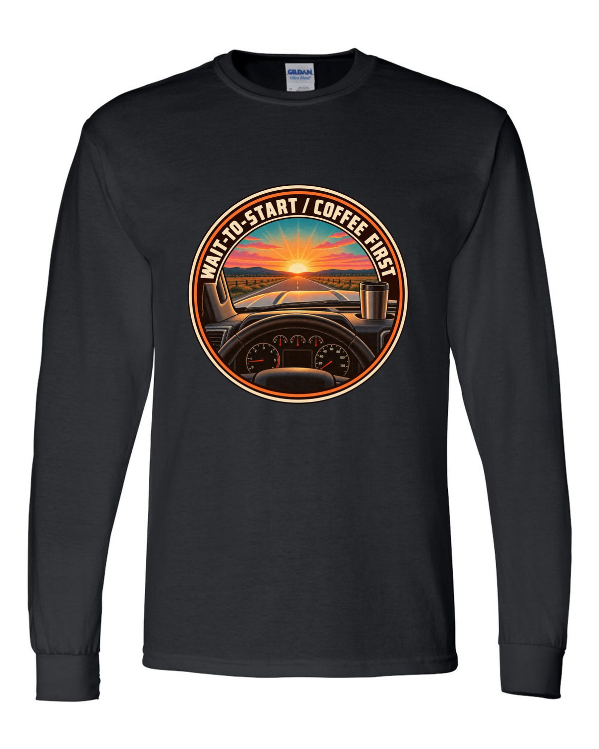 Retro sunset crest print for a 2010-2018 Ram 2500 6.7 Cummins with wait-to-start coffee first text black long sleeve front view with the design