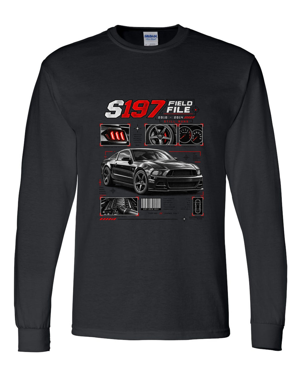 Four-panel dossier print of a Ford Mustang S197 GT fastback black long sleeve front view with the design