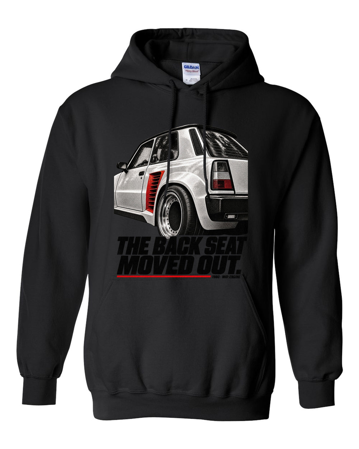 Renault 5 Turbo rear detail macro print with back seat caption black pull over hoodie front view with the design