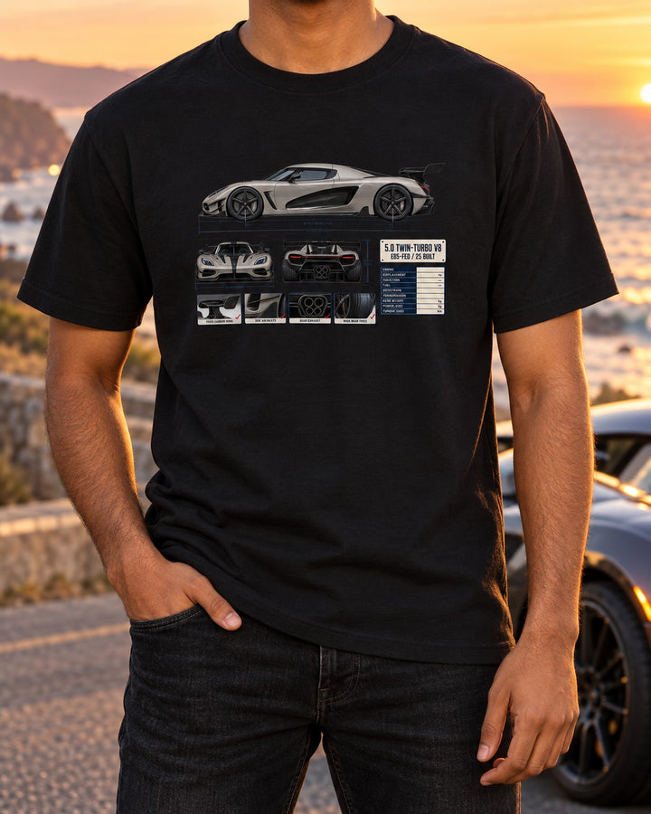 Agera RS Three-View Spec Table Tee, Koenigsegg Car Shirt T-Shirt Black worn hero
