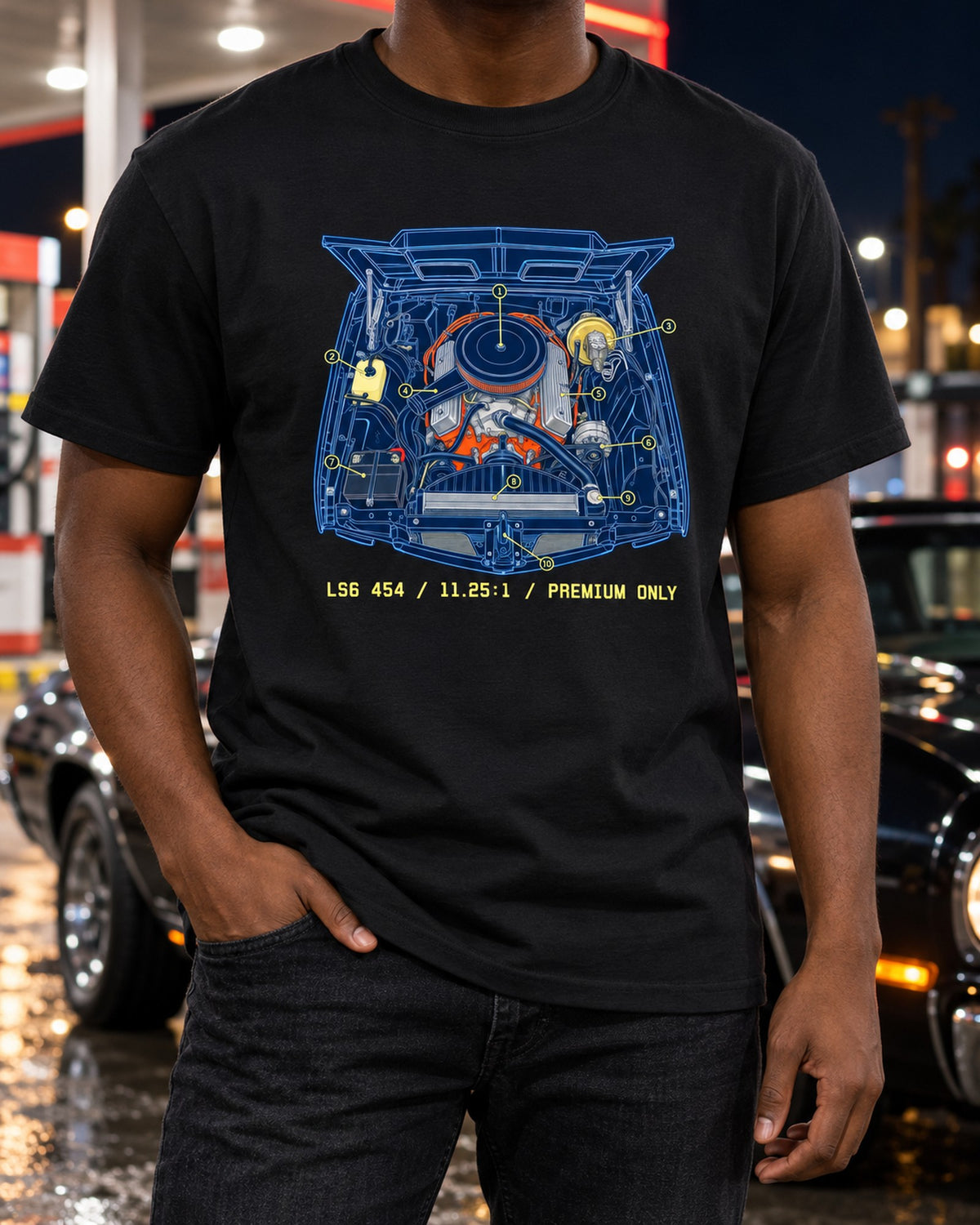 1970 Chevelle SS 454 LS6 Blueprint Engine Bay Shirt, Garage Gift T-Shirt Black worn hero