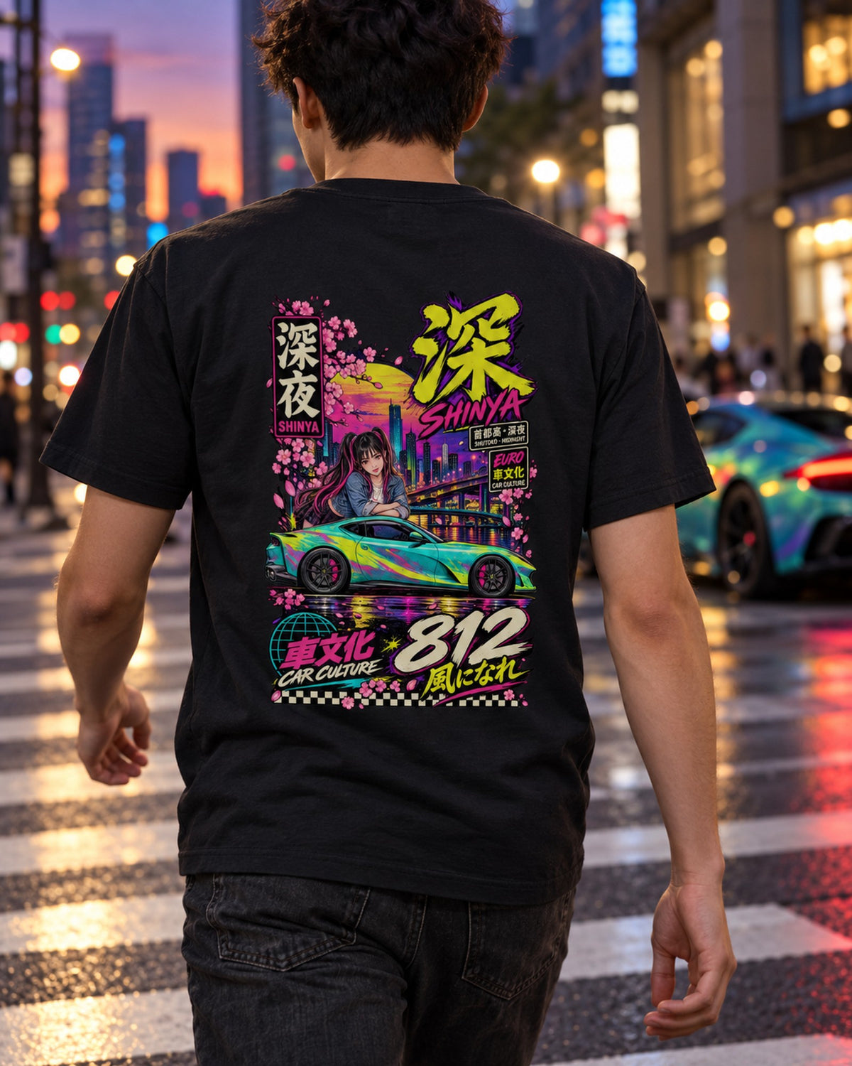 SHINYA 812 Anime Girl Full-Back Graphic Tee T-Shirt Black worn hero
