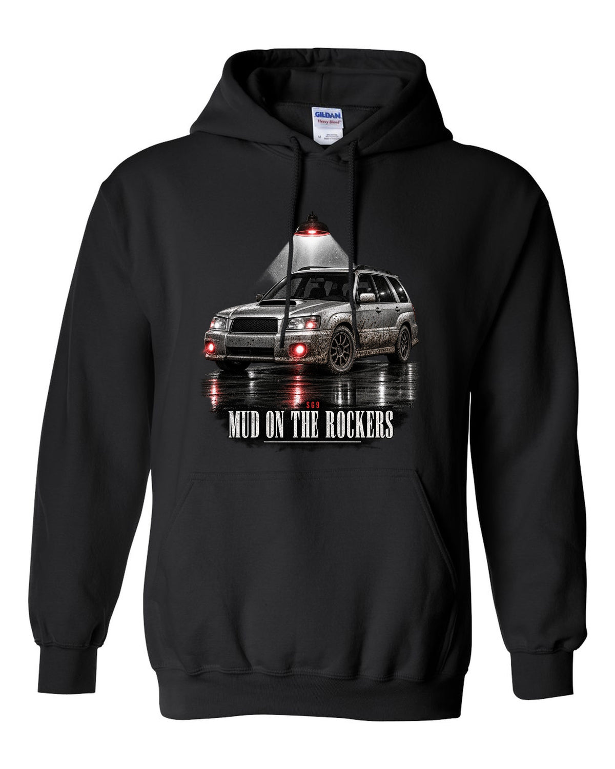 Garage night print for the Subaru Forester SG9 reading Mud on the Rockers black pull over hoodie front view with the design