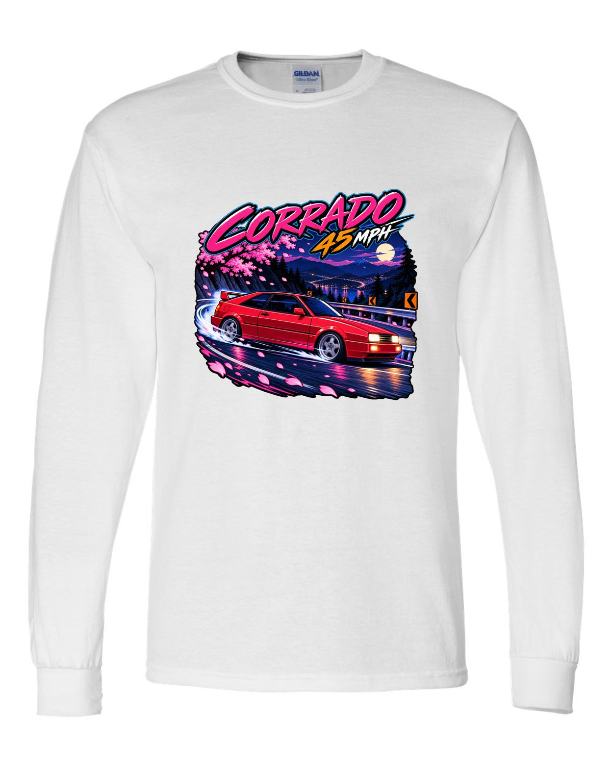 Cel-shaded anime night touge hairpin scene of a VW Corrado VR6 with Corrado 45 mph text white long sleeve front view with the design