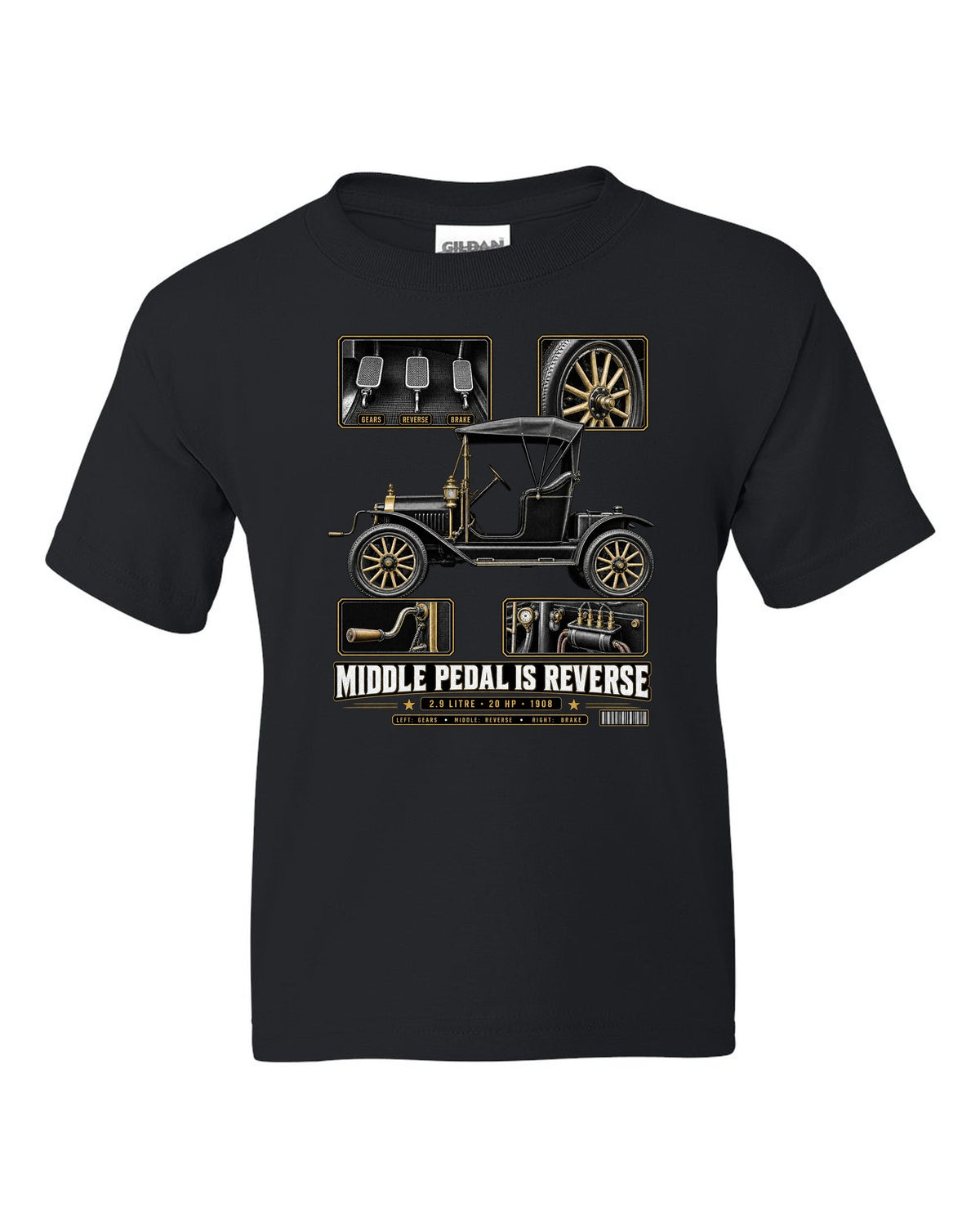 Dossier panel print of a Ford Model T runabout showing its three pedals black kids tee front view with the design