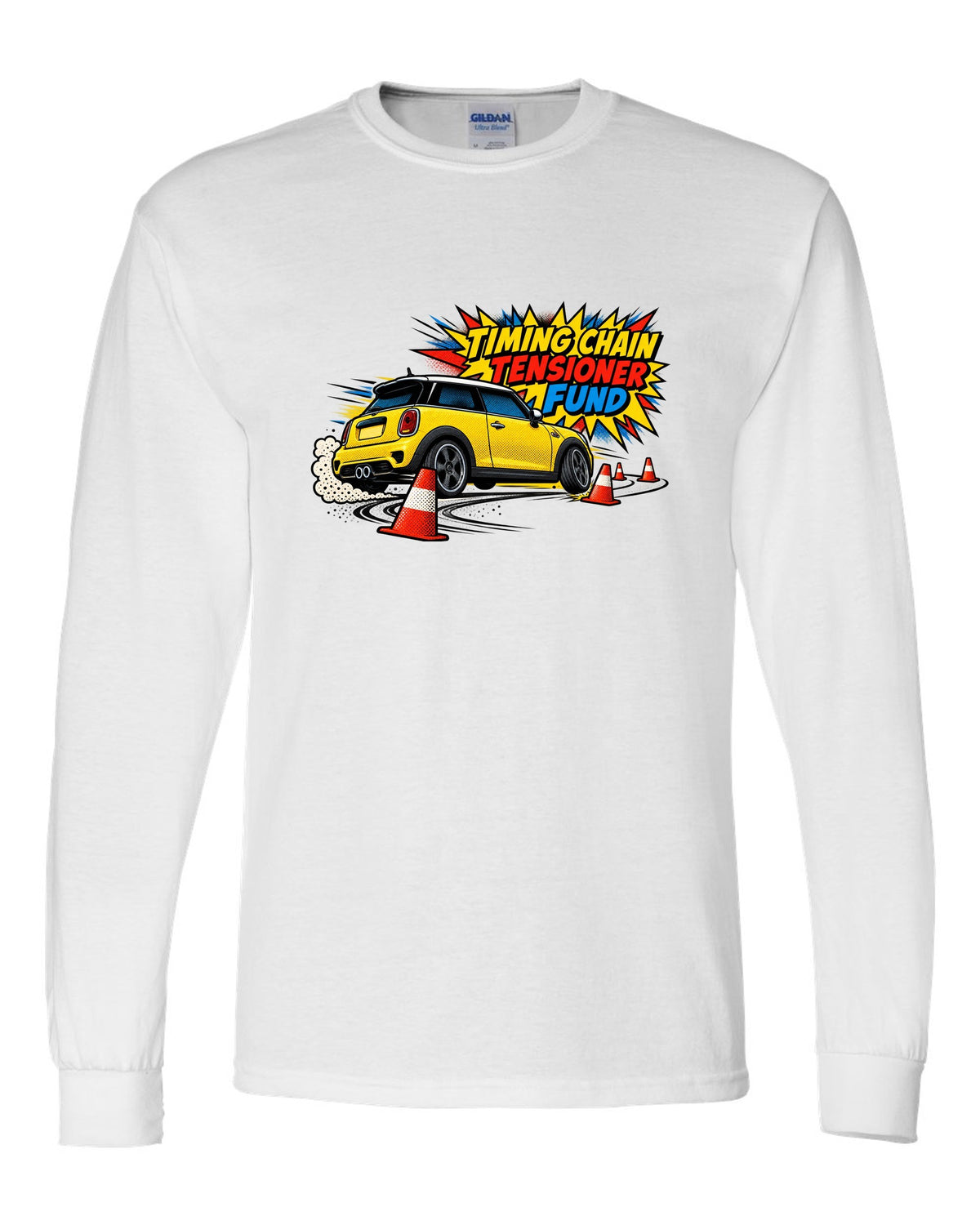 Comic halftone print of a Mini Cooper S R56 in a cone slalom with timing chain tensioner fund text white long sleeve front view with the design
