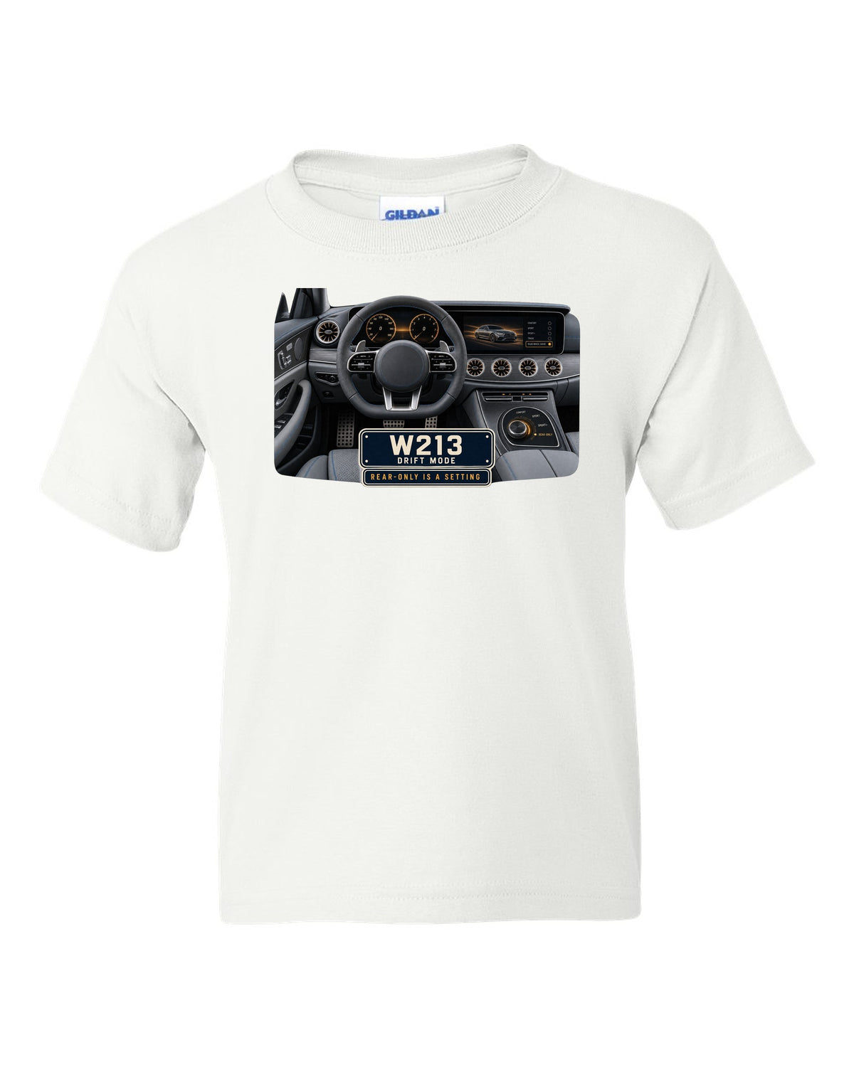 Cockpit and gauge print of a Mercedes-AMG E63 S W213 interior with drift mode white kids tee front view with the design