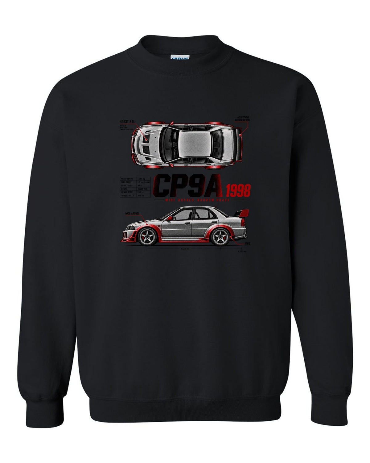 Spec poster print for the Mitsubishi Lancer Evolution V CP9A reading Wide Arches, Narrow Roads, 4G63T 2.0L, 1998 black crewneck front view with the design